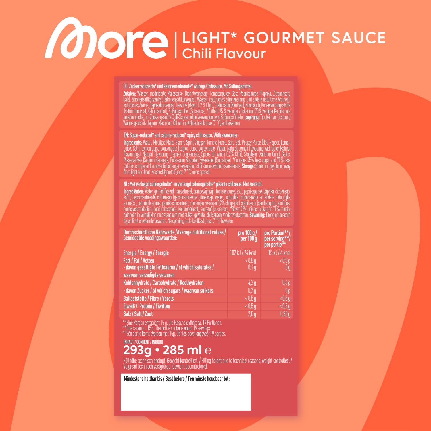 MORE NUTRITION Light Gourmet Sauce, 285ml - BBQ, kalorienreduzierte Sauce, ohne Zuckerzusatz und unnötigem Fett