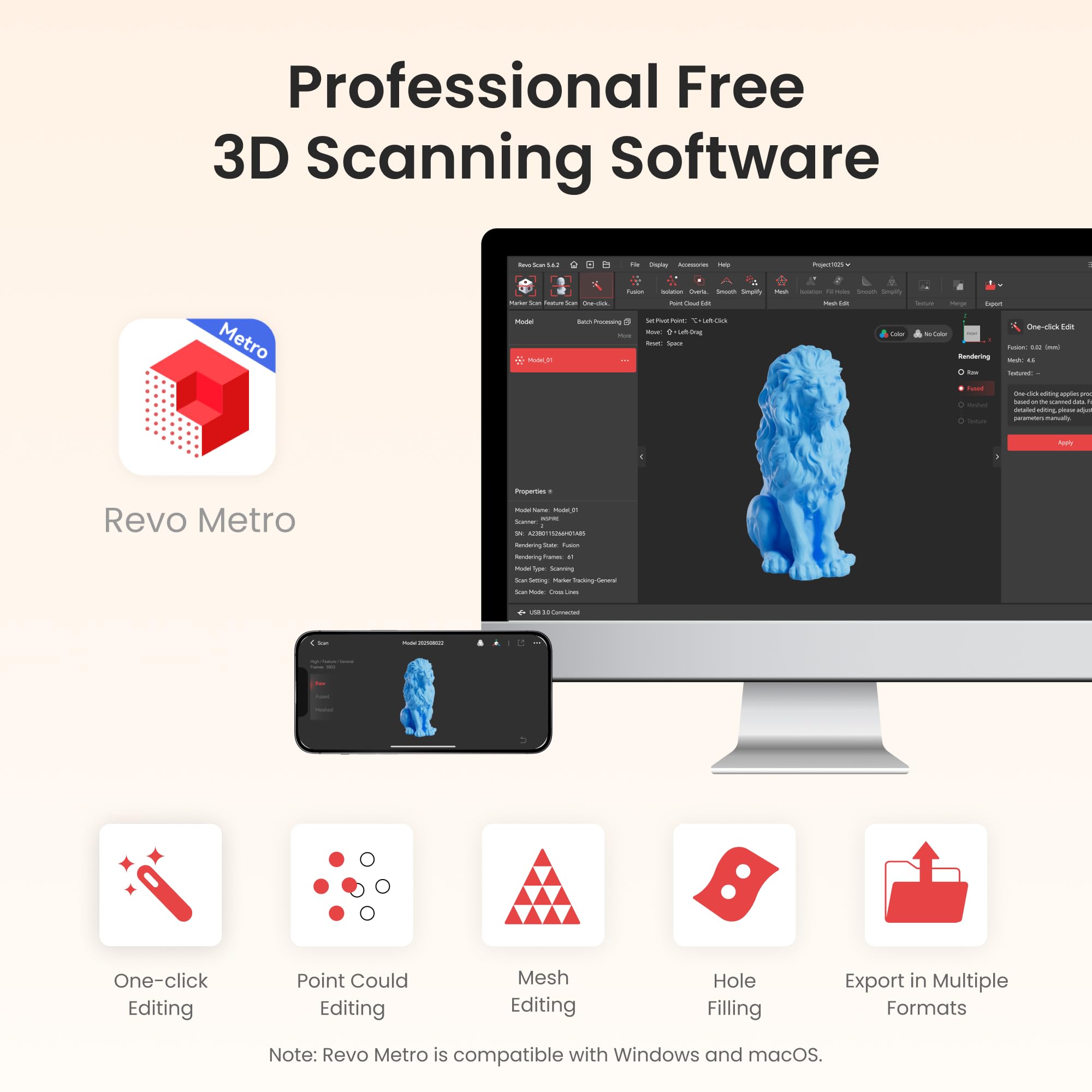 Revopoint INSPIRE 2 3D Scanner for 3D Printing, Up to 0.03mm Precision, Multi-Line Laser&Structured Light, Handheld Wireless&Outdoor Scanning, Full-Color Scans, for iOS/Android/Windows/macOS, Premium