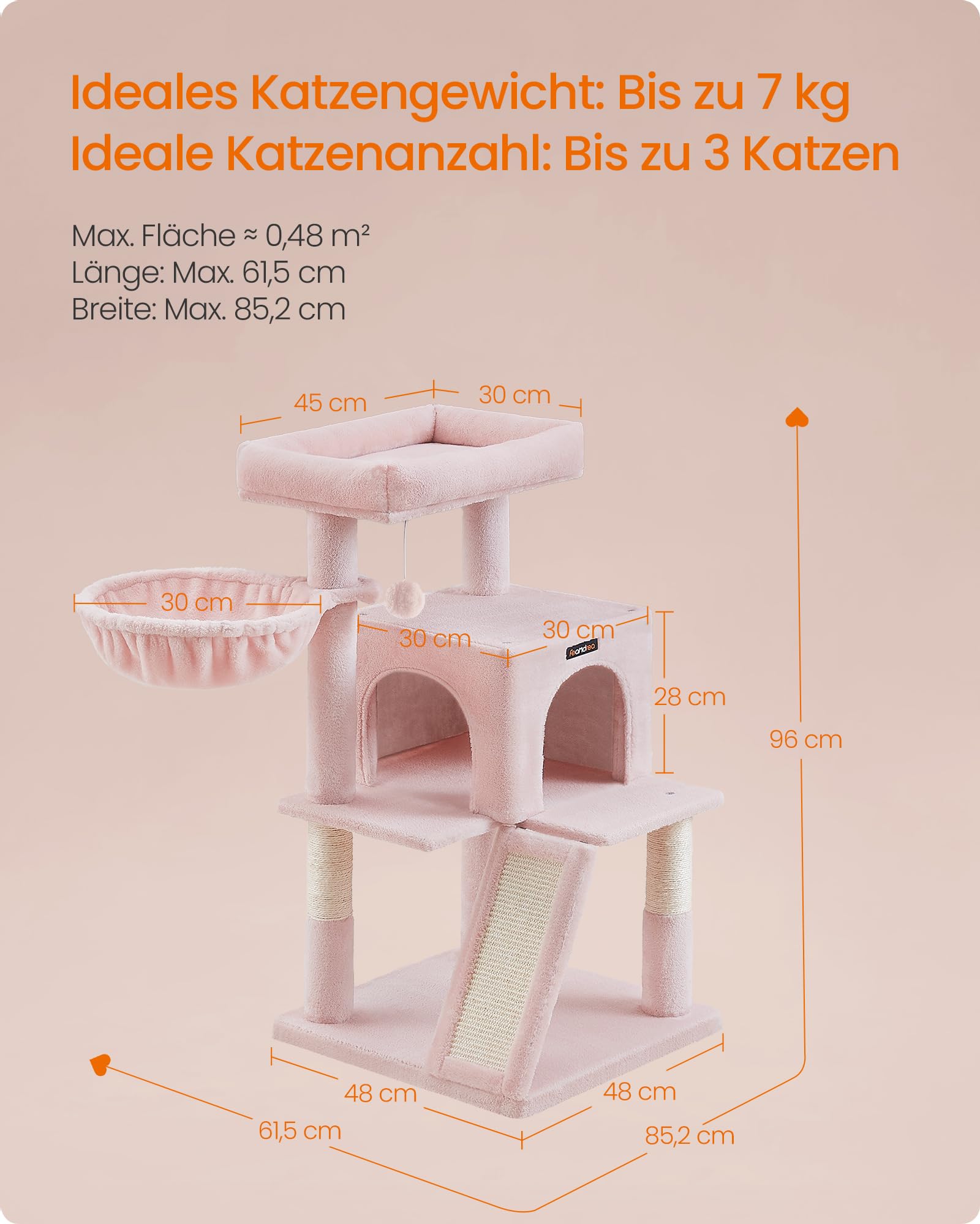 Feandrea Kratzbaum, 96 cm hoch, Katzenbaum mit großer Plattform, Katzenkratzbaum mit Katzenhöhle, Hängematte, Kratzrampe, Plüschball, weicher Plüsch, hellgrau PCT51W