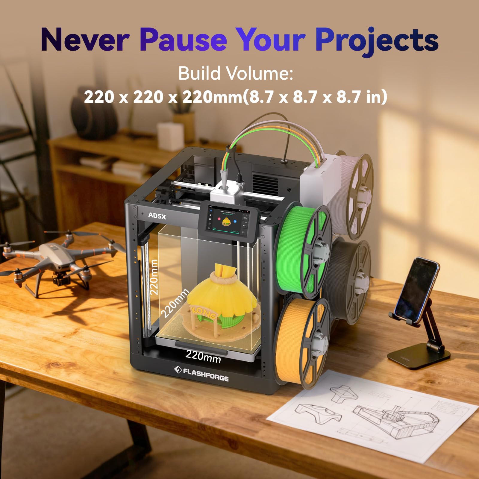 FLASHFORGE AD5X Multi-Color 3D Printer with IFS,Fully Auto Leveling FDM 3D Printer with Max 600mm/s High Speed Printing and Max 300°C Nozzle,Large Printing Size 220 * 220 * 220mm