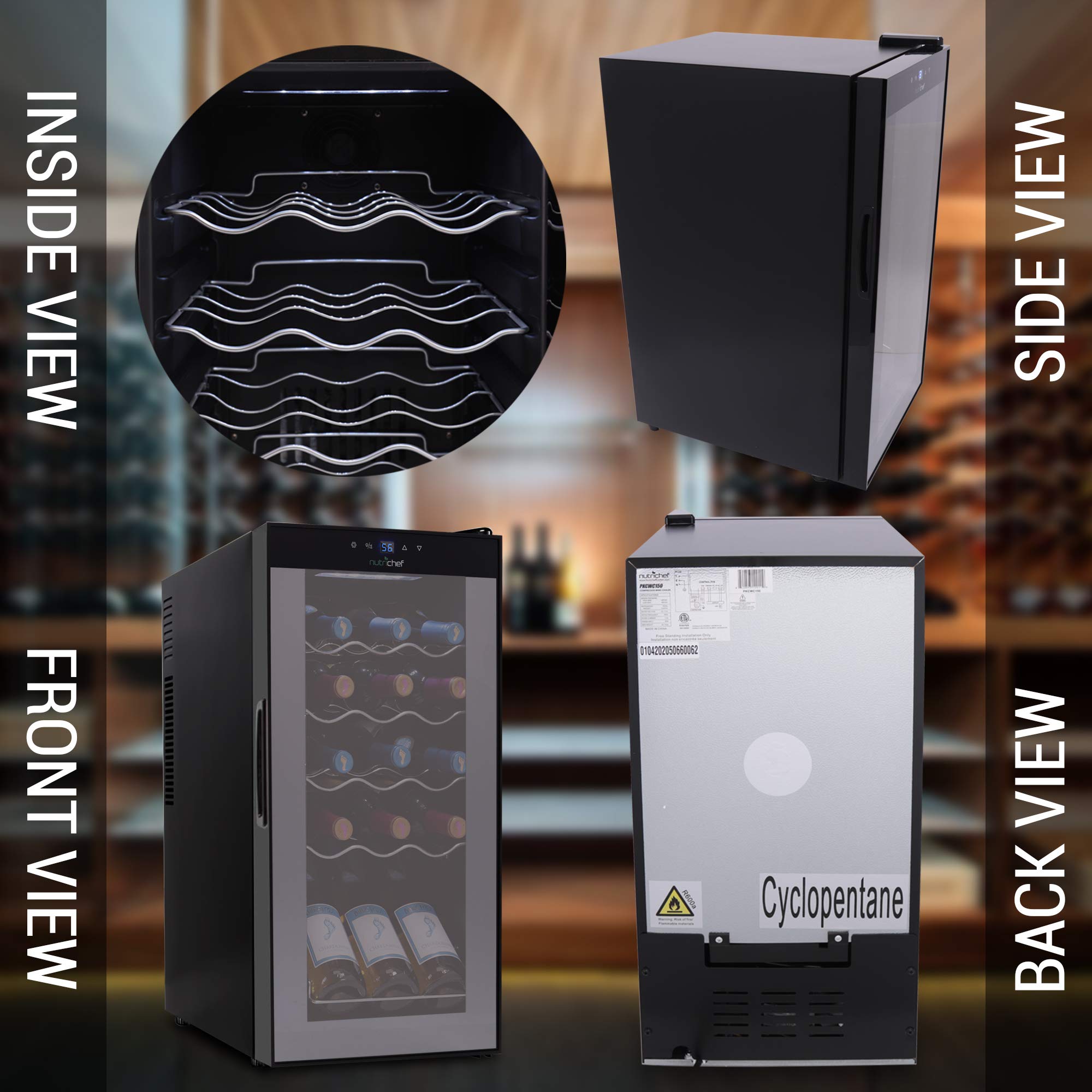 Nutrichef 12 Bottle Stainless Steel Slim Wine Fridge | Red & White Wine Chiller | Adjustable Temperature Control, Ultra Quiet Operation & Energy Efficient | Mini Wine Cooler Refrigerator | 31x10x17 IN