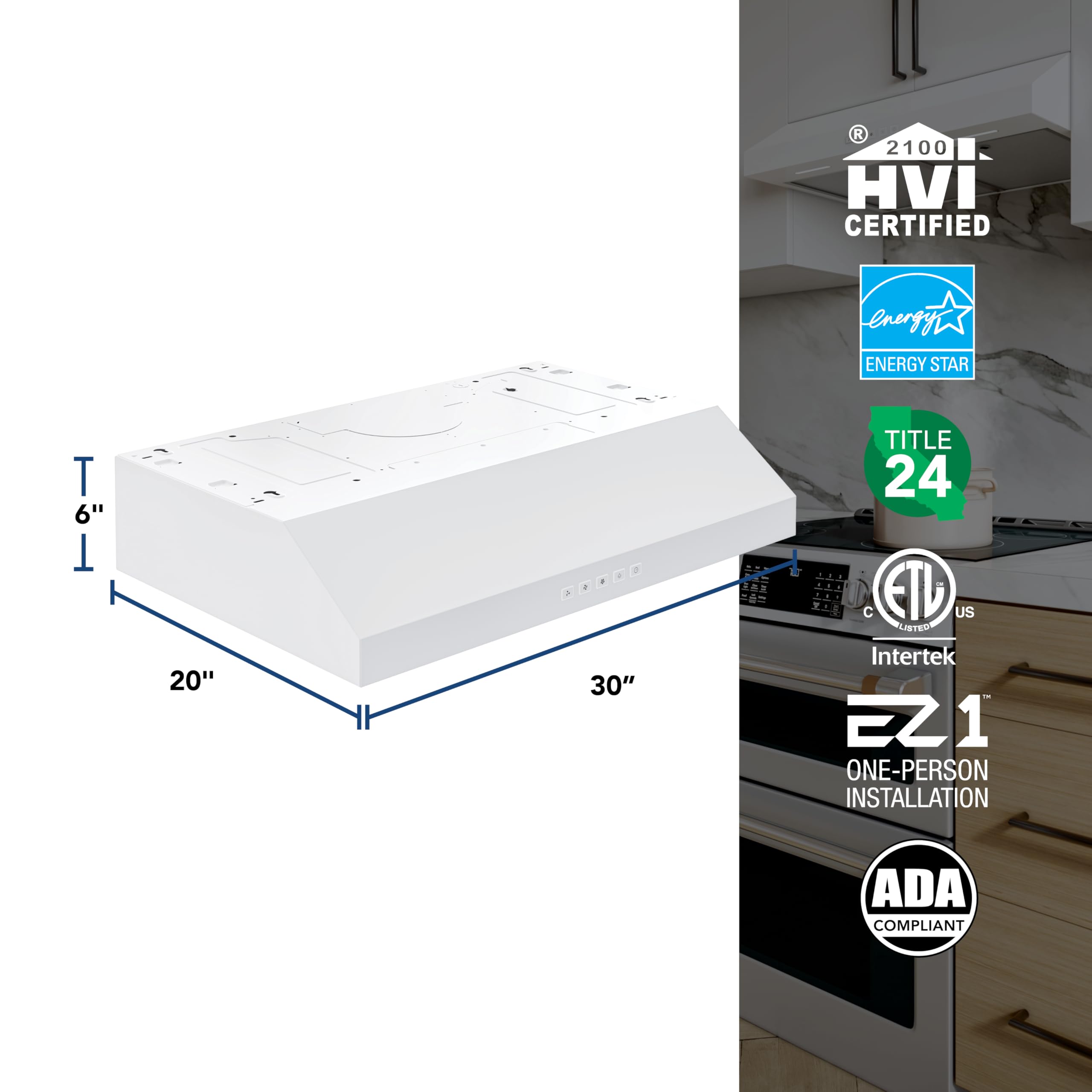 Broan-NuTone BCSQ130SS Three-Speed Glacier Under-Cabinet Range Hood with LED Lights ADA Capable, 1.5 Sones, 375 Max Blower CFM, 30-Inch, Stainless Steel