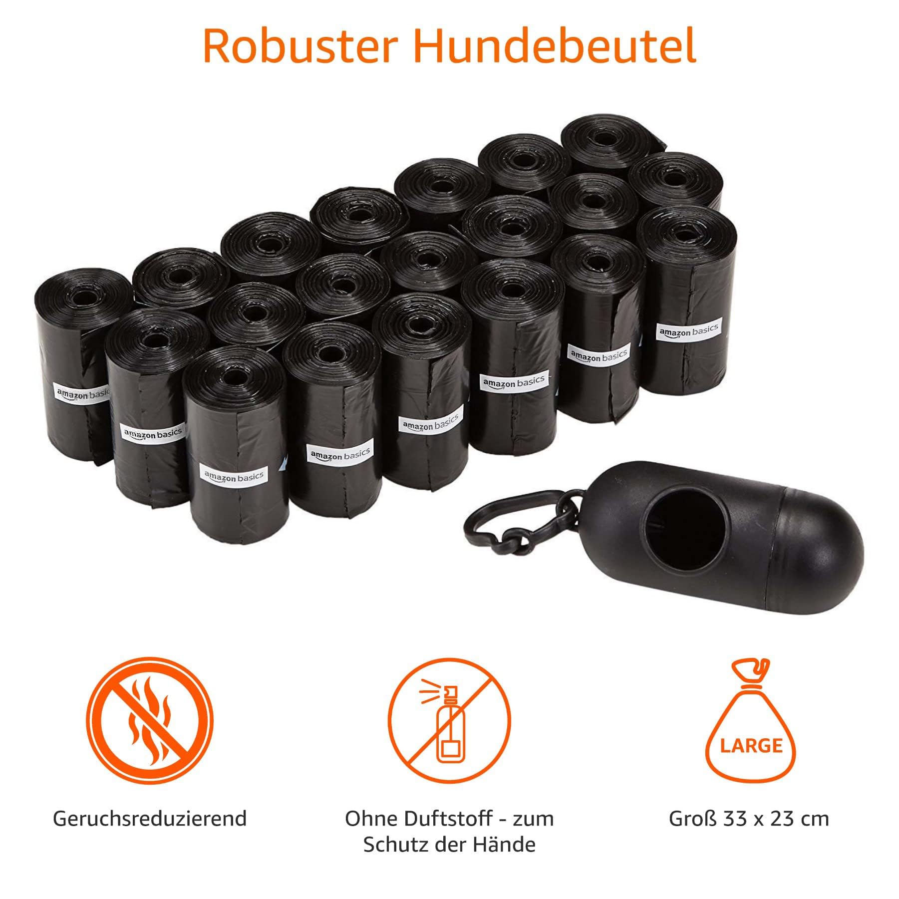 Amazon Basics Hundekotbeutel mit Spender und Leinenclip, Unparfümiert, 300 Beutel (20 Packungen mit je 15 Beuteln), Schwarz