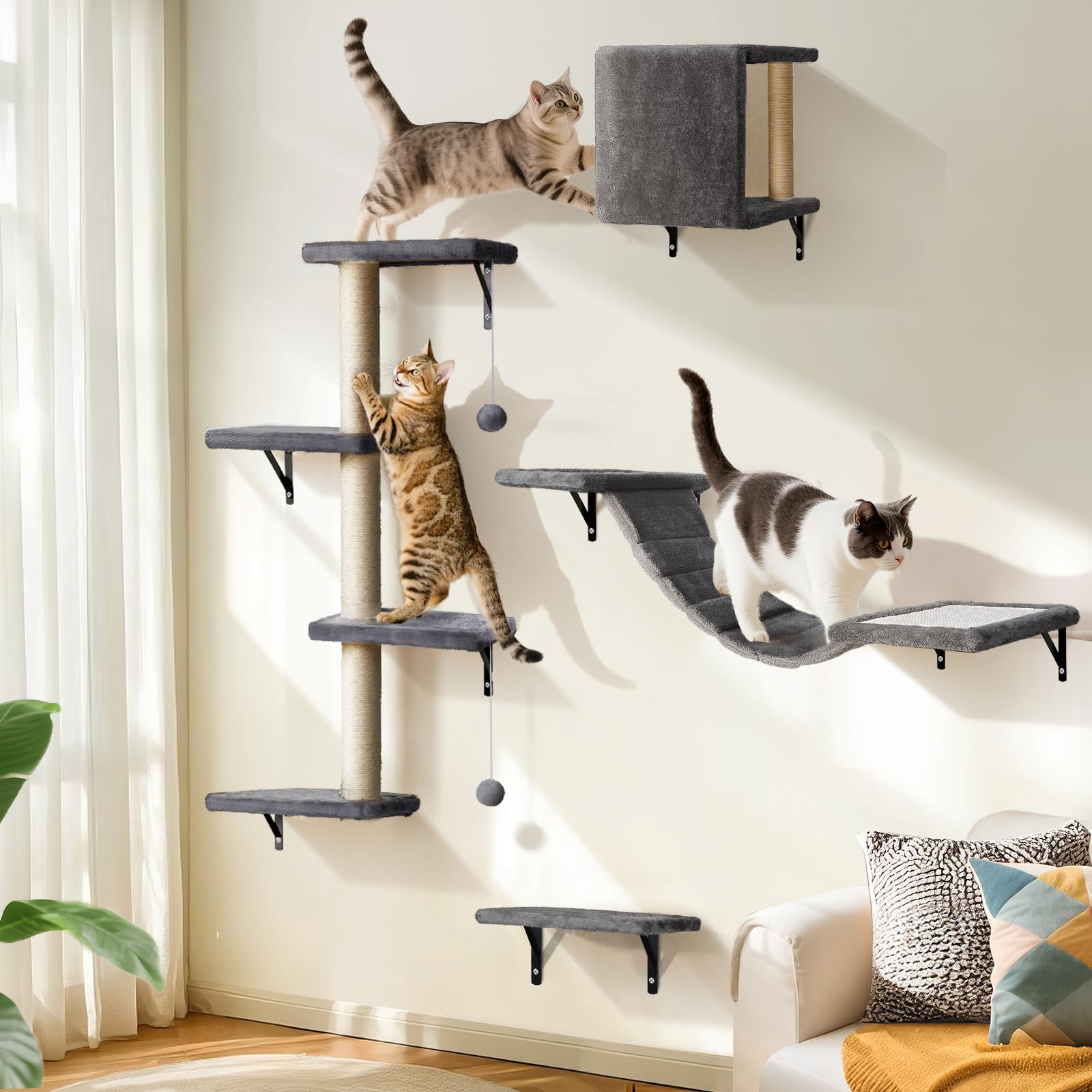 Kletterwand Katzen 10-teilig, Wandmontage Katzenmöbel Set mit Katzenbrücke, Katzenhaus, Kratzbaum & Hängematte, Stabiler Katzentreppe bis 10 kg, Beige