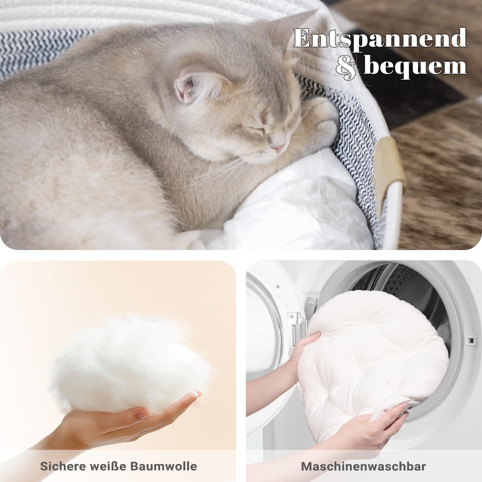 CheerPals Katzenbett mit Kissen, 47cm Waschbar Katzenkorb aus Baumwollseilen geflochten, zum Schlafen für Alle Katze, All Season Universal