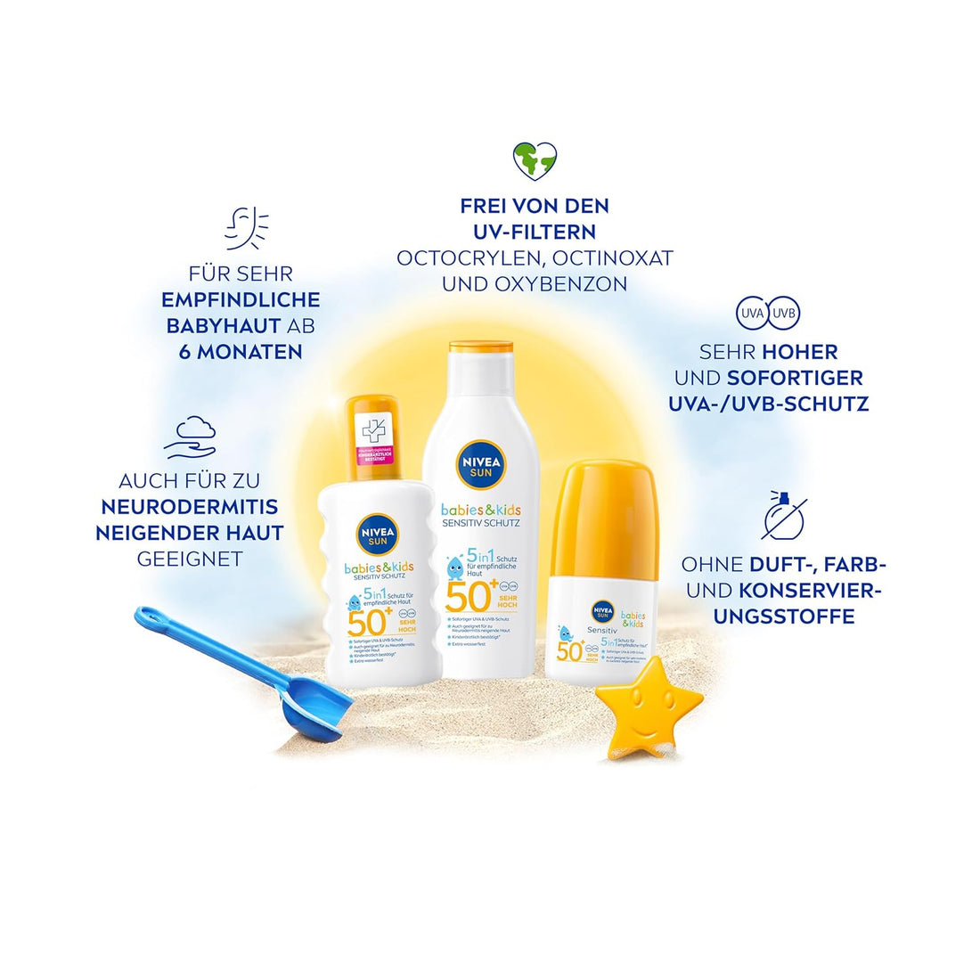 NIVEA SUN Babies & Kids Sensitiv Schutz 5in1 Sonnenspray LSF 50+, extra wasserfestes Sonnencreme Spray für Kinder, duftfreier Sonnenschutz auch für zu Ekzemen neigende Haut (200 ml)