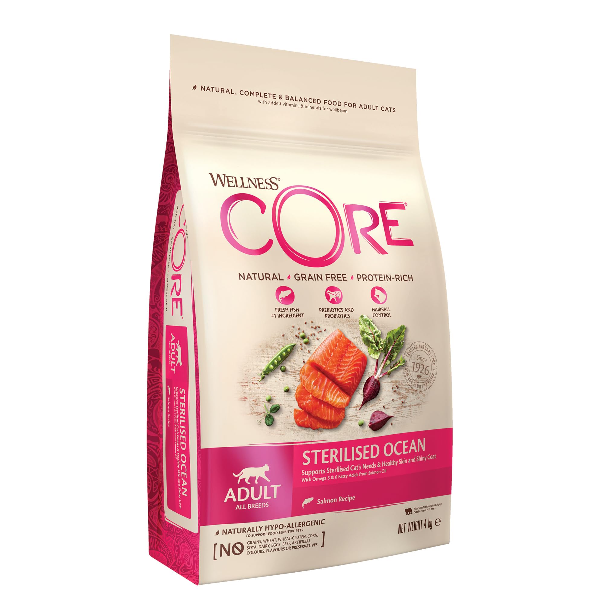 Wellness CORE Sterilised Ocean 4 kg, Lachs – Katzenfutter Trocken für sterilisierte Katzen, getreidefrei, natürlich, hypoallergen, proteinreich, unterstützt gesunde Haut und glänzendes Fell