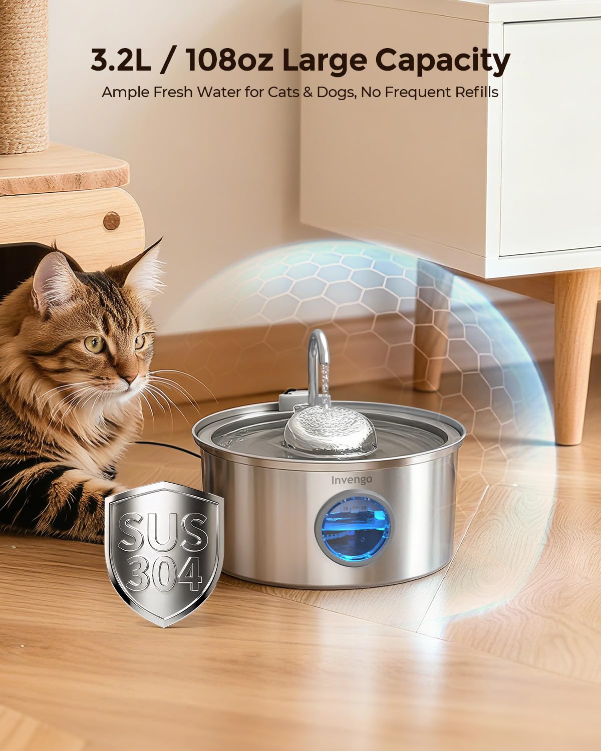 Invengo MeowFlow B30 Trinkbrunnen für Katzen, 2,2L Edelstahl-Haustierbrunnen mit sichtbarem Wasserfenster, einfach zu reinigen und installieren, inkl. 4 Ersatzfilter, spritzwassergeschütztes Design