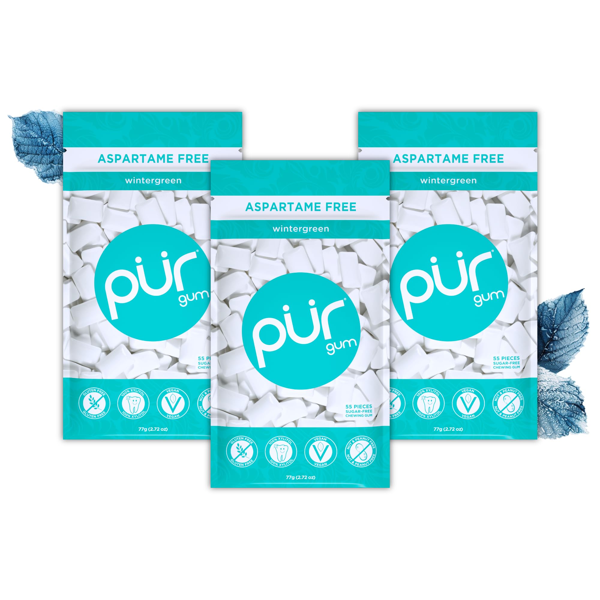 PUR Gum | Zuckerfreier Kaugummi | Mit Xylit | Vegan, Aspartamfrei & Glutenfrei | Natürlicher Kaugummi Mit Spearmint-Geschmack, 55 Stück (3er Pack)