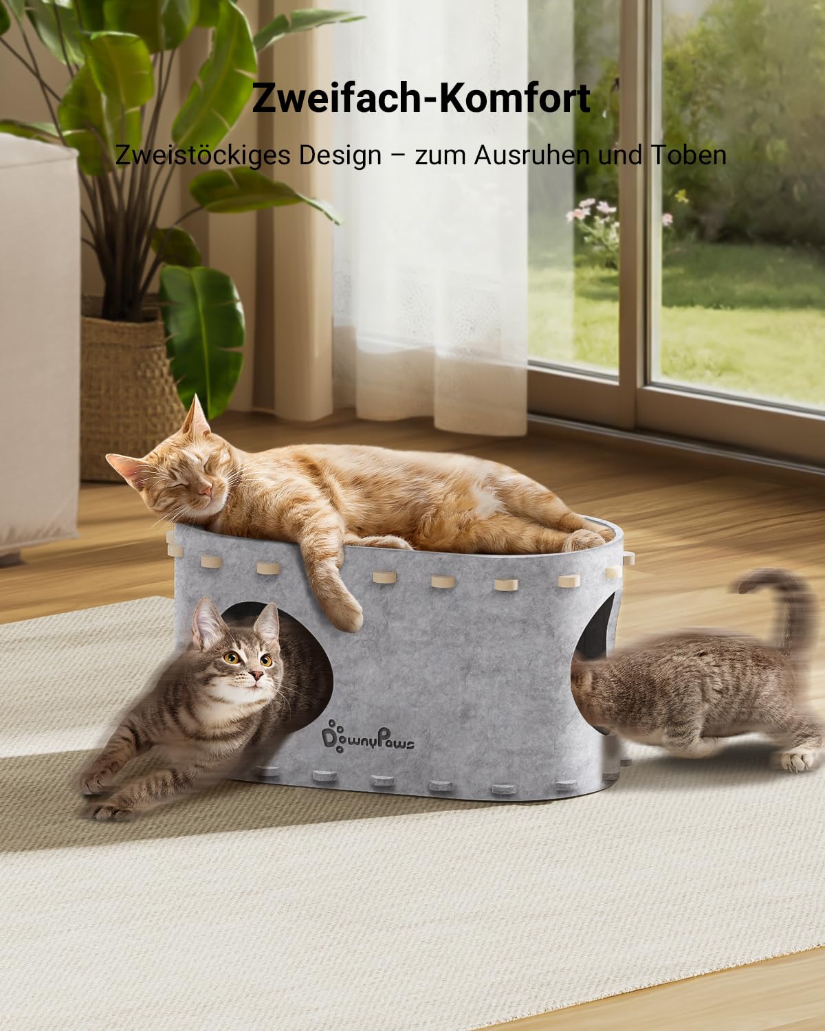 Katzenhöhle Filz, Katzenhaus aus Filz, Katzenbett, Katzenhöhle für Katzen, 58 x 33 x 30cm, Peek-a-Boo zum Spielen, Winterfest, Schutz der Katzennägel, Beige