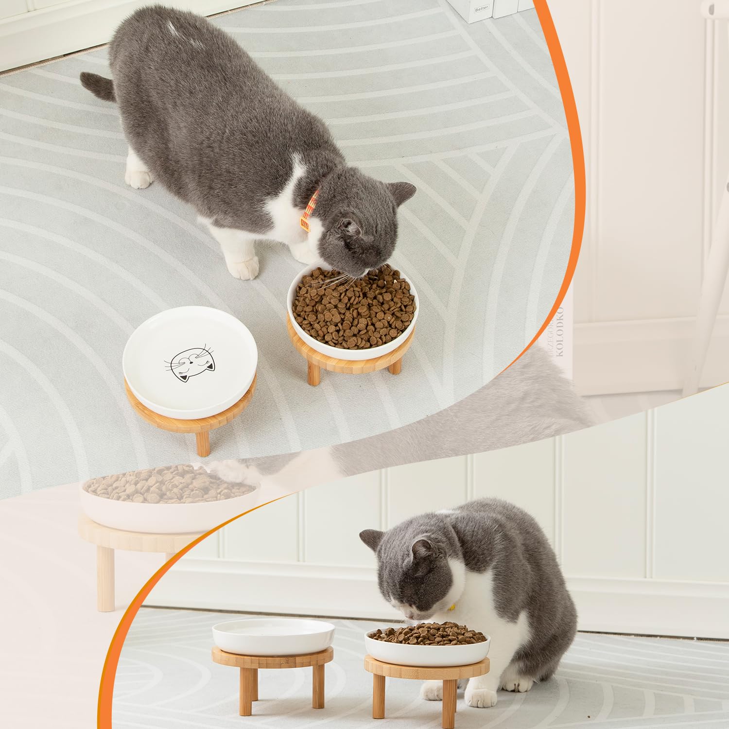 Lusifaco Keramik Katzennapf Erhöht, 15 cm Breite, Erhöhter Katzennapf aus Keramik mit Bambusständer, Schnurrhaarfreundliche Katzen Futternapf, Futterstation Katze, Fressnapf Kätzchen(2er-Set)