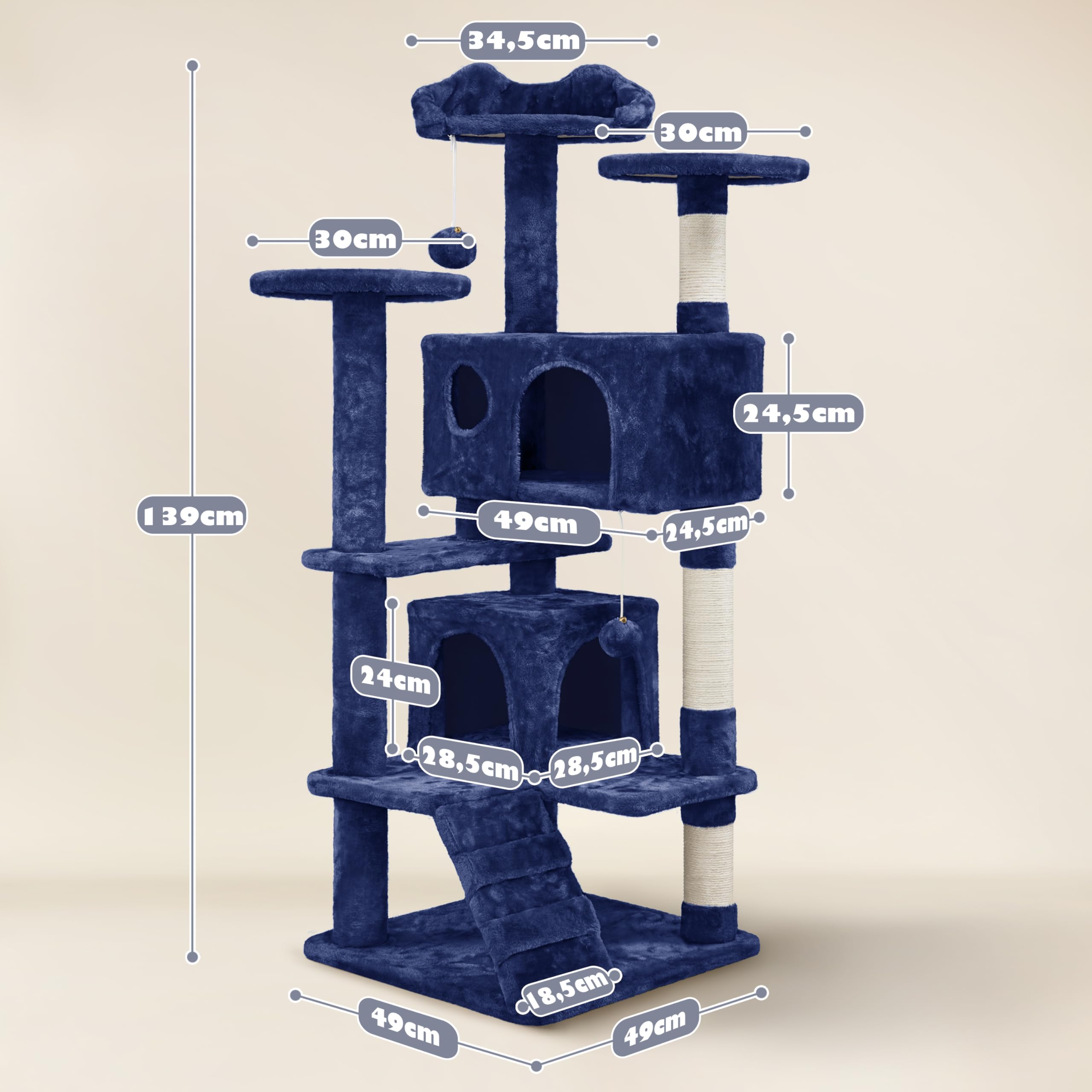 Yaheetech Kratzbaum Groß, 139 cm hoch, Mehrstöckiger Katzenbaum Kletterturm mit 3 Kratzsäulen, 3 Plattformen, 2 Gemütlichen Höhlen, 2 Plüschbällen, Stabiler Aktivitätsbereich für Katzen, Dunkelgrau