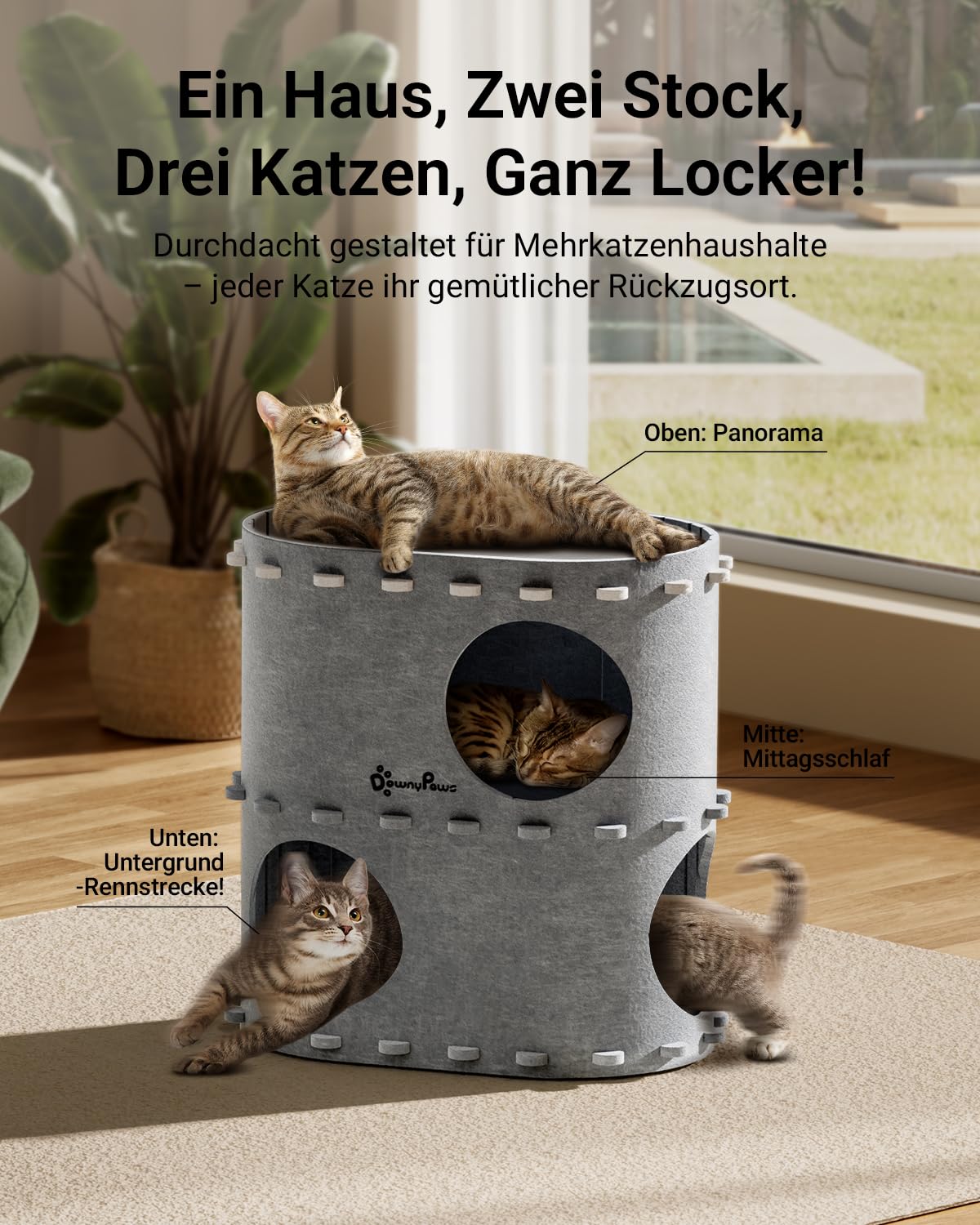 Katzenhöhle Filz, Katzenhaus aus Filz, Katzenbett, Katzenhöhle für Katzen, 58 x 33 x 30cm, Peek-a-Boo zum Spielen, Winterfest, Schutz der Katzennägel, Beige
