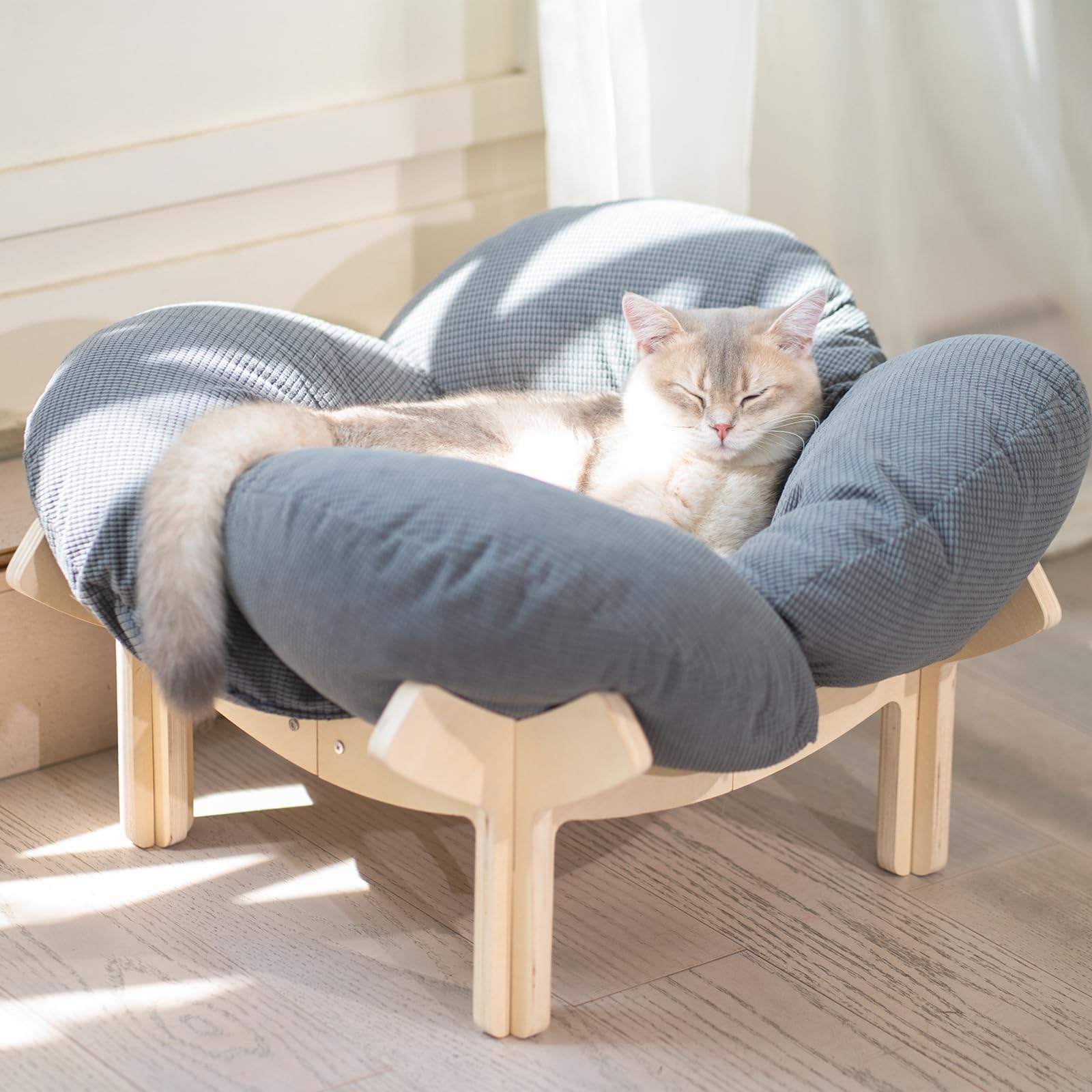 CheerPals Erhöhtes Katzenbett Blumenform, 55cm L&W Großes Katzensofa, Stilvoll Katzenstuhl mit Hochelastischer Weich Kissen, Katzenmöbel zum Schlafen für Alle Katze