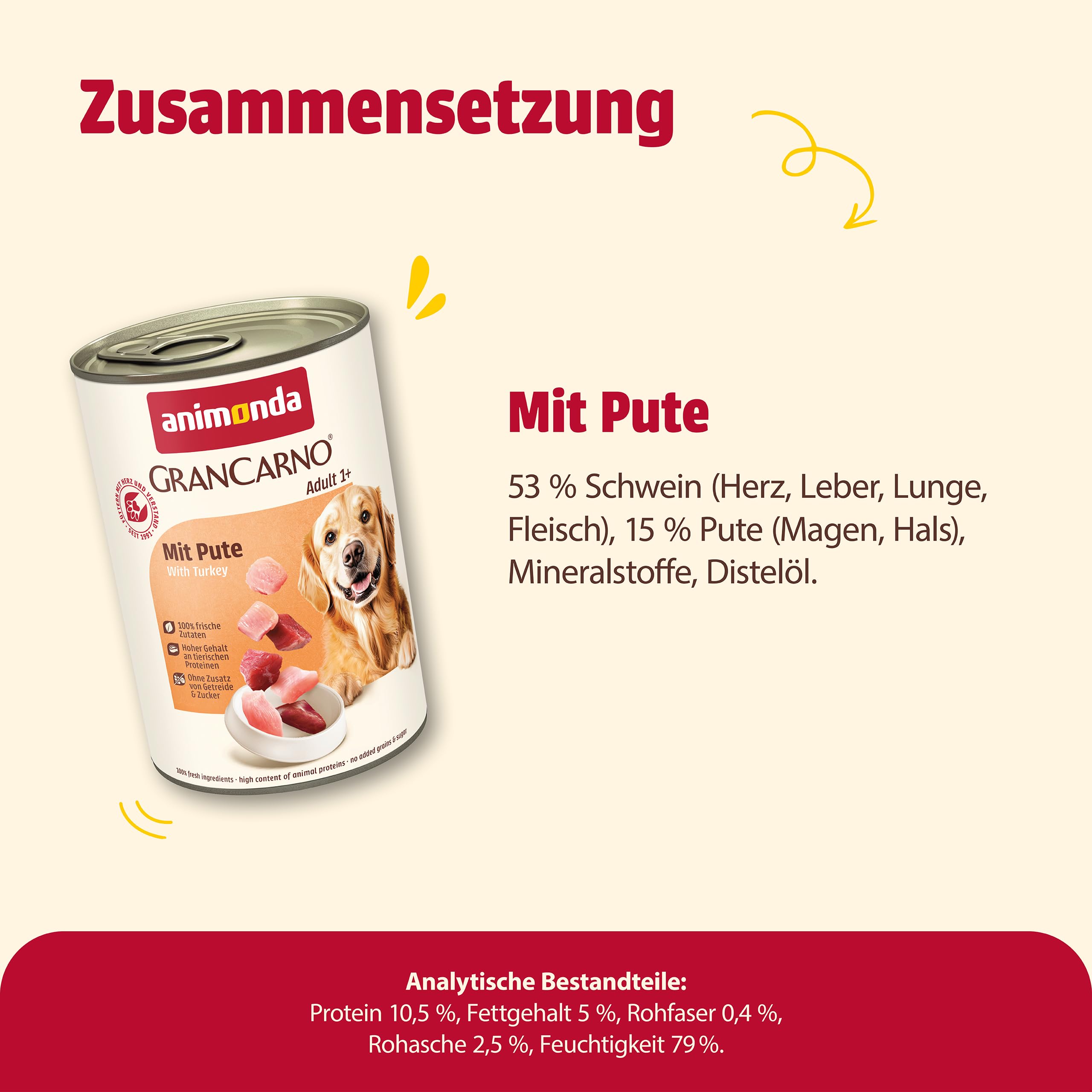 animonda GranCarno Hunde Nassfutter mit Rind + Entenherzen (6 x 800 g), getreidefreies Hundenassfutter ohne Zucker, für ausgewachsene Hunde, mit frischen fleischigen Zutaten