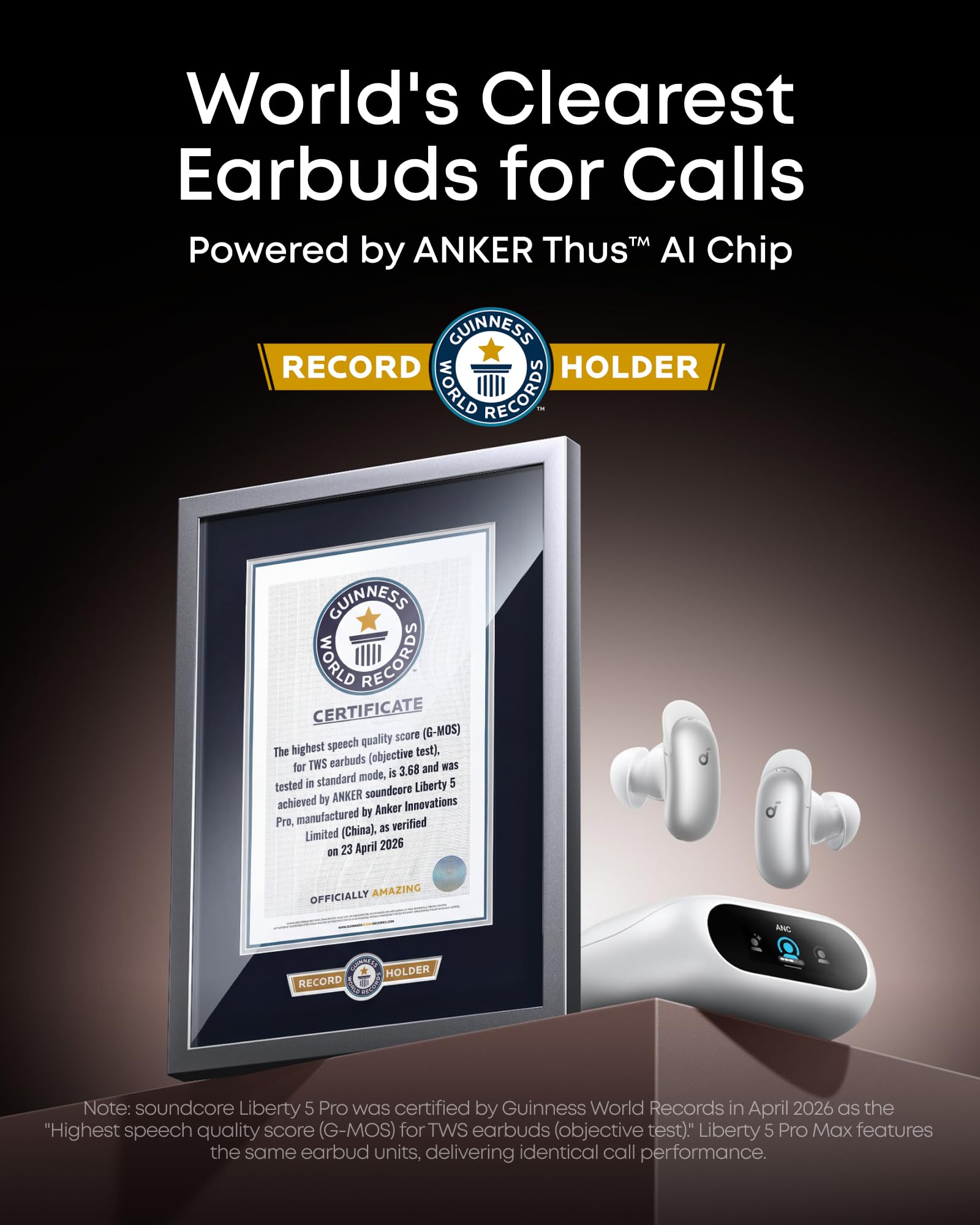 Soundcore Liberty 5 Pro,Guinness World Records-Certified Call Quality,Anker Thus™ AI Chip,Active Noise Cancelling Wireless Earbuds,Crystal-Clear Calls for Commute,Noisy Environments