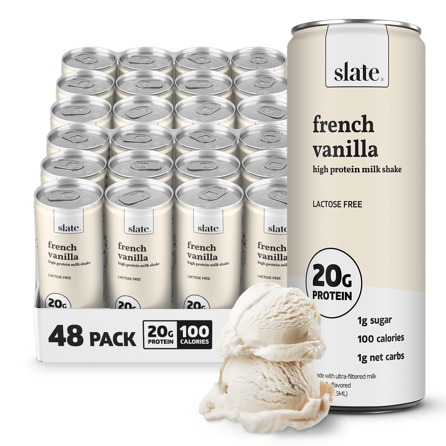 Slate Milk - High Protein Milkshake - French Vanilla - Lactose-Free, 20g Protein, 1g Sugar, 100 Calories, 1g Net Carbs, No Added Sugar - Natural, Breakfast Boost, Post Workout - 11 fl oz, 12 Cans