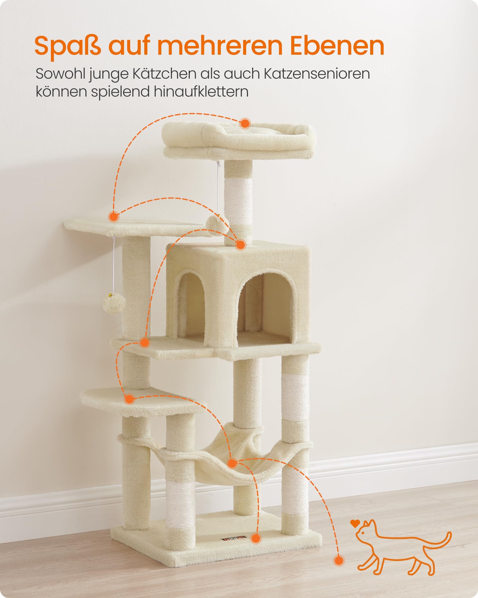 Feandrea Kratzbaum, 143 cm hoch, Katzenbaum, mehrstöckiges Katzenhaus, mit 4 Kratzsäulen, 2 Plattformen, Hängematte, Höhle, hellgrau PCT161W01