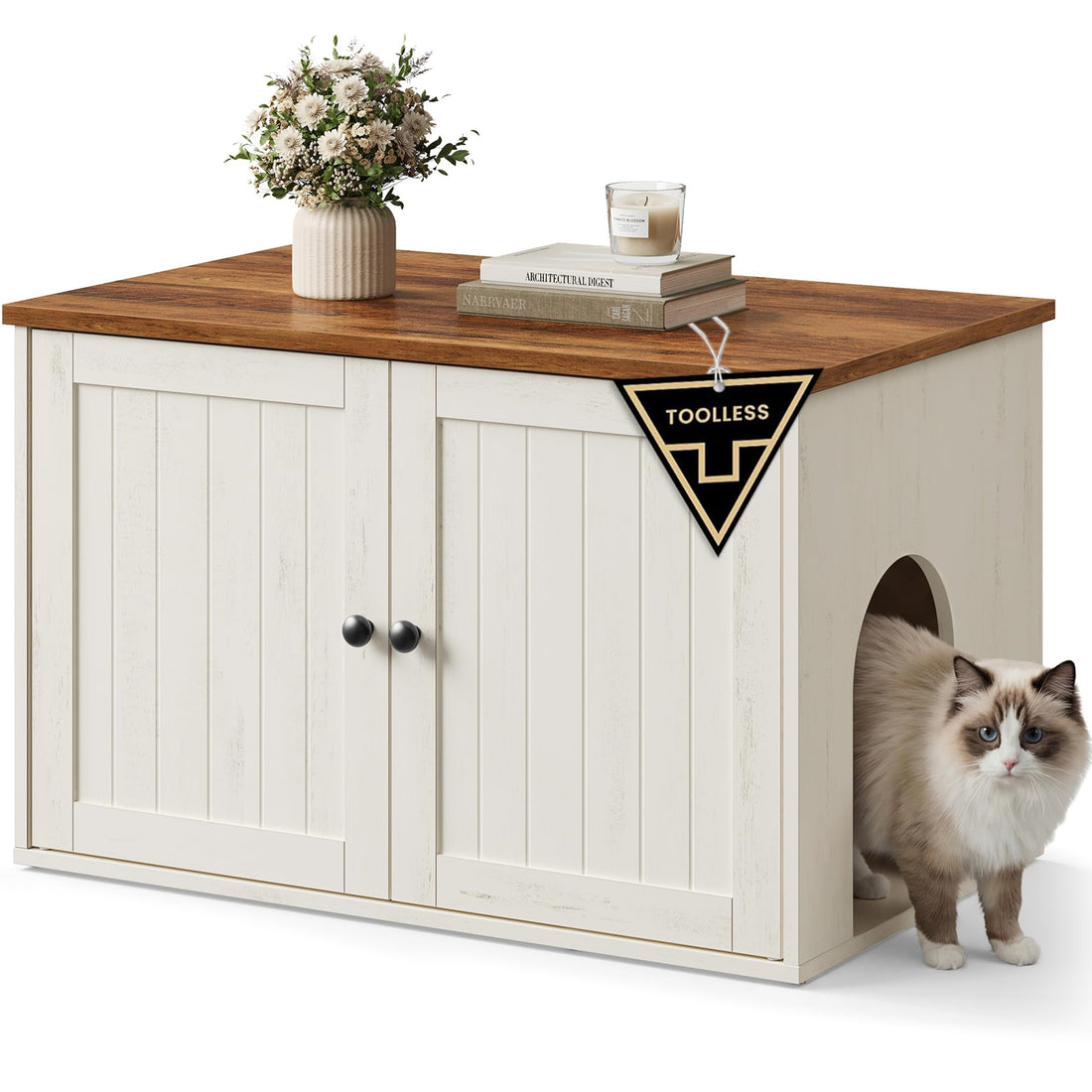 SONGMICS HOME Katzenklo Schrank, superschnelle werkzeuglose Montage, Toolless-Technologie, Katzenhaus für Katzentoilette, Werkzeuglose Montage, Push-to-Open, 80 x 53 x 50cm, schneeweiß PCL013W01