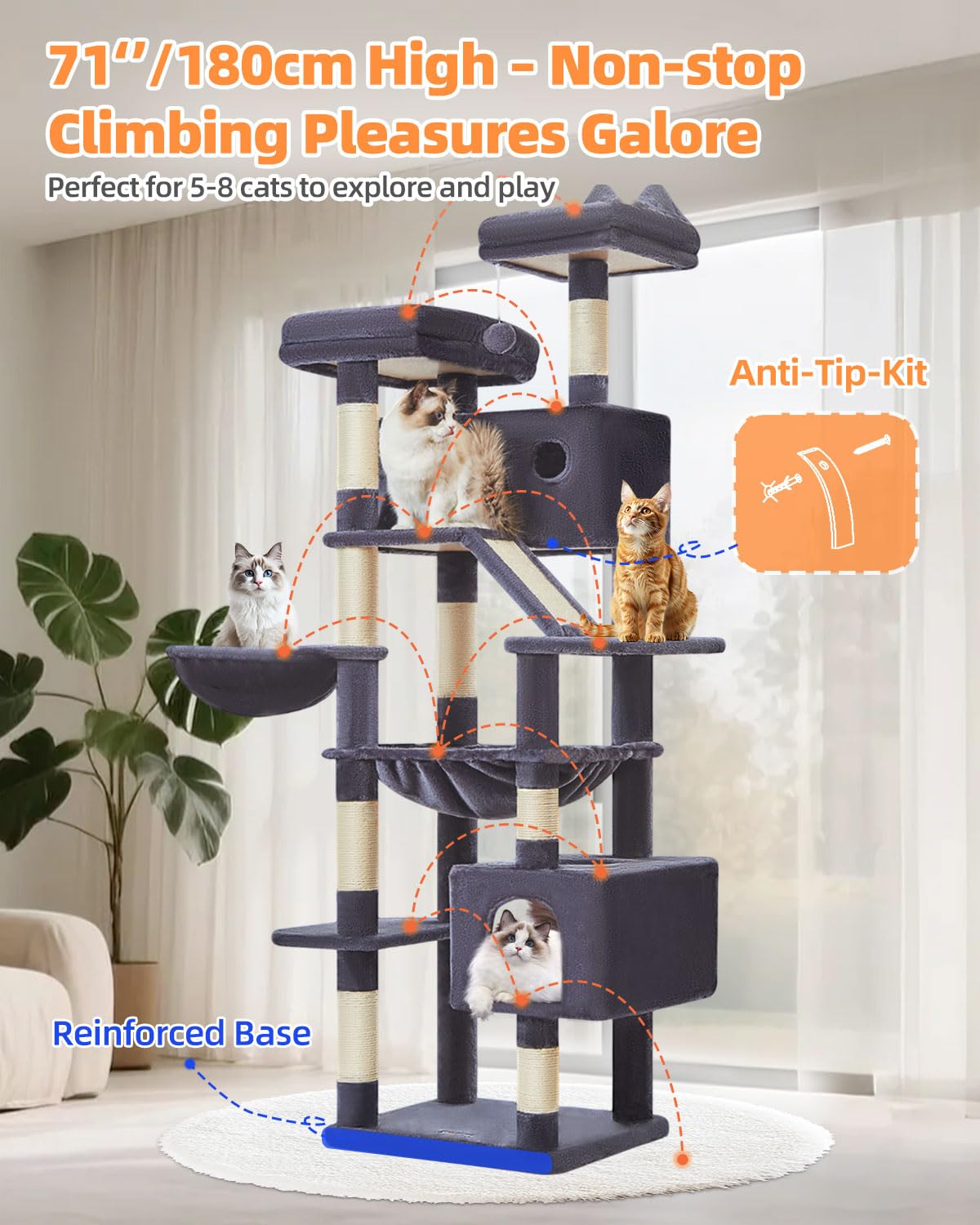 Taoqimiao 180CM Kratzbaum Groß, Katzenbaum Katzen Kratzbaum Grosse Katzen Stabil mit 2 Katzenhaus, Metallhängematte, Korb, 8 Kratzsäulen, Katzenkratztafel, MS026LM Beige