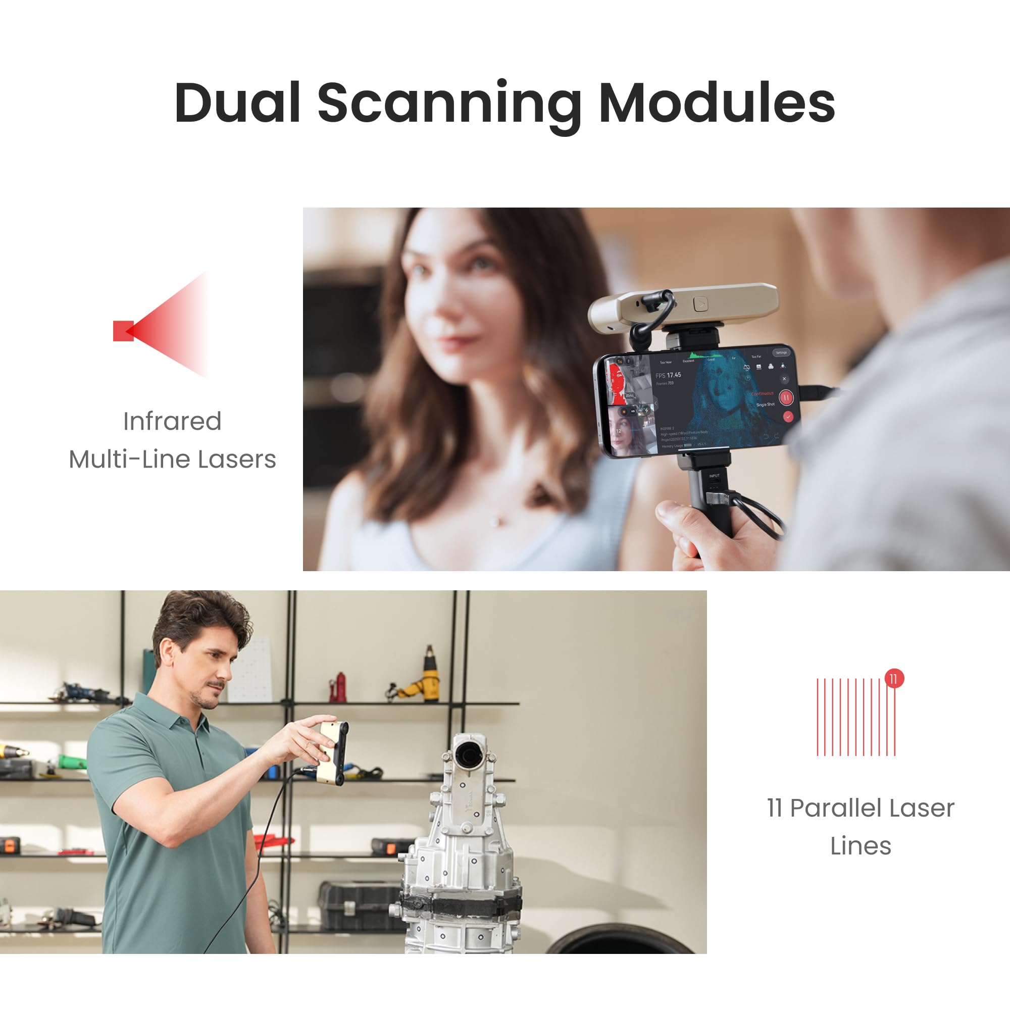 Revopoint INSPIRE 2 3D Scanner for 3D Printing, Up to 0.03mm Precision, Multi-Line Laser&Structured Light, Handheld Wireless&Outdoor Scanning, Full-Color Scans, for iOS/Android/Windows/macOS, Premium
