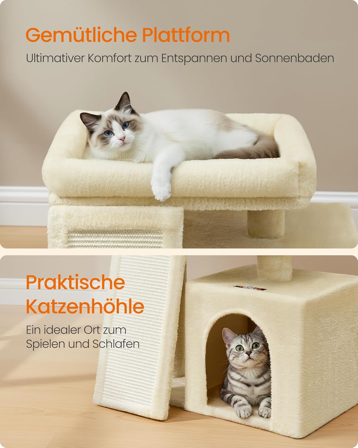 Feandrea Kratzbaum, Katzenbaum mit Kratzsäulen, Rampe, Katzenkratzbaum, 2 große Plattformen, Höhle und Korb, 85,8 cm hoch, Taubengrau PCT013GD01
