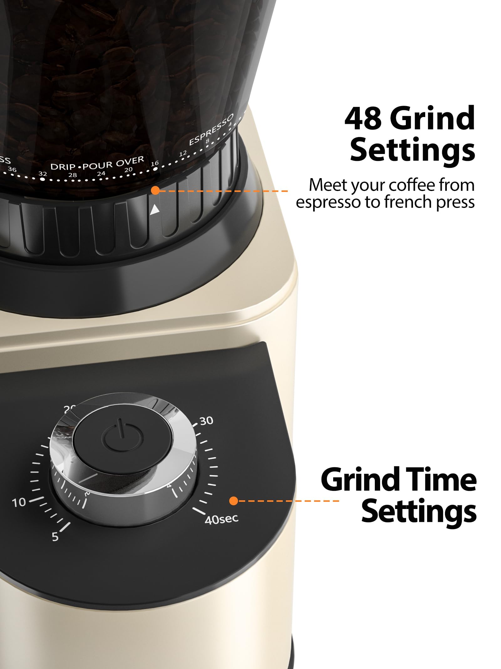 Aromaster Coffee Bean Grinder with 48 Gind Settings, Conical Burr Coffee Grinder for Home Use,Stainless Steel,40 Seconds Adjustable Timer,Anti-static,Easy to Clean with Brush,Black