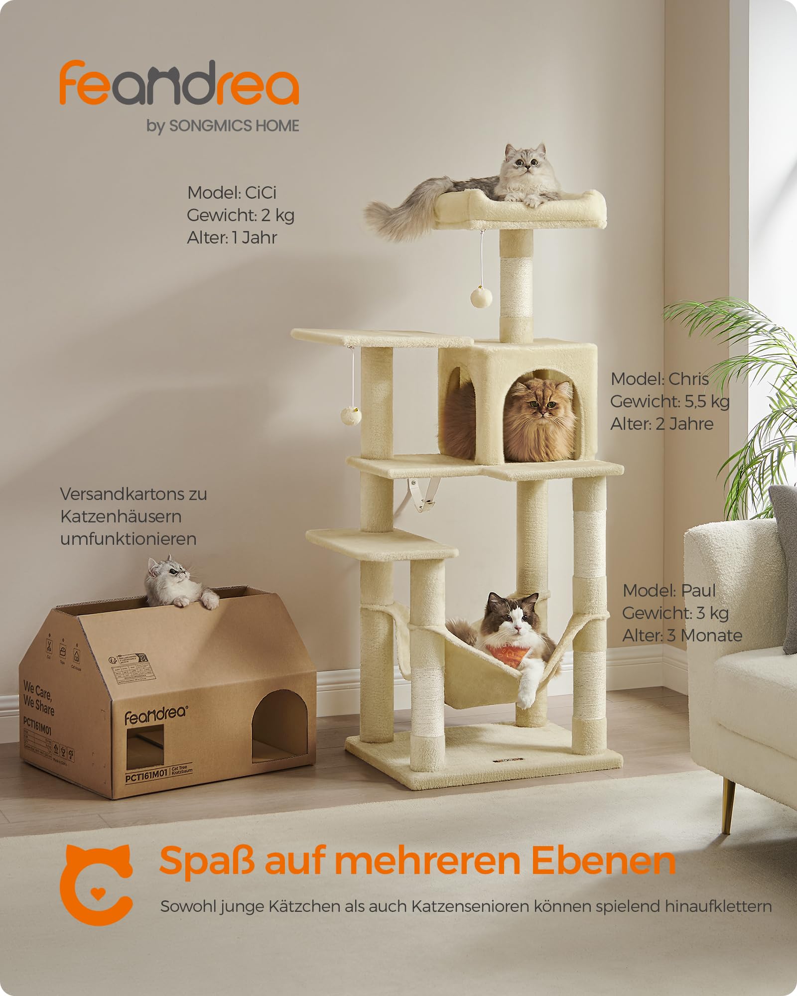 Feandrea Kratzbaum, 143 cm hoch, Katzenbaum, mehrstöckiges Katzenhaus, mit 4 Kratzsäulen, 2 Plattformen, Hängematte, Höhle, hellgrau PCT161W01