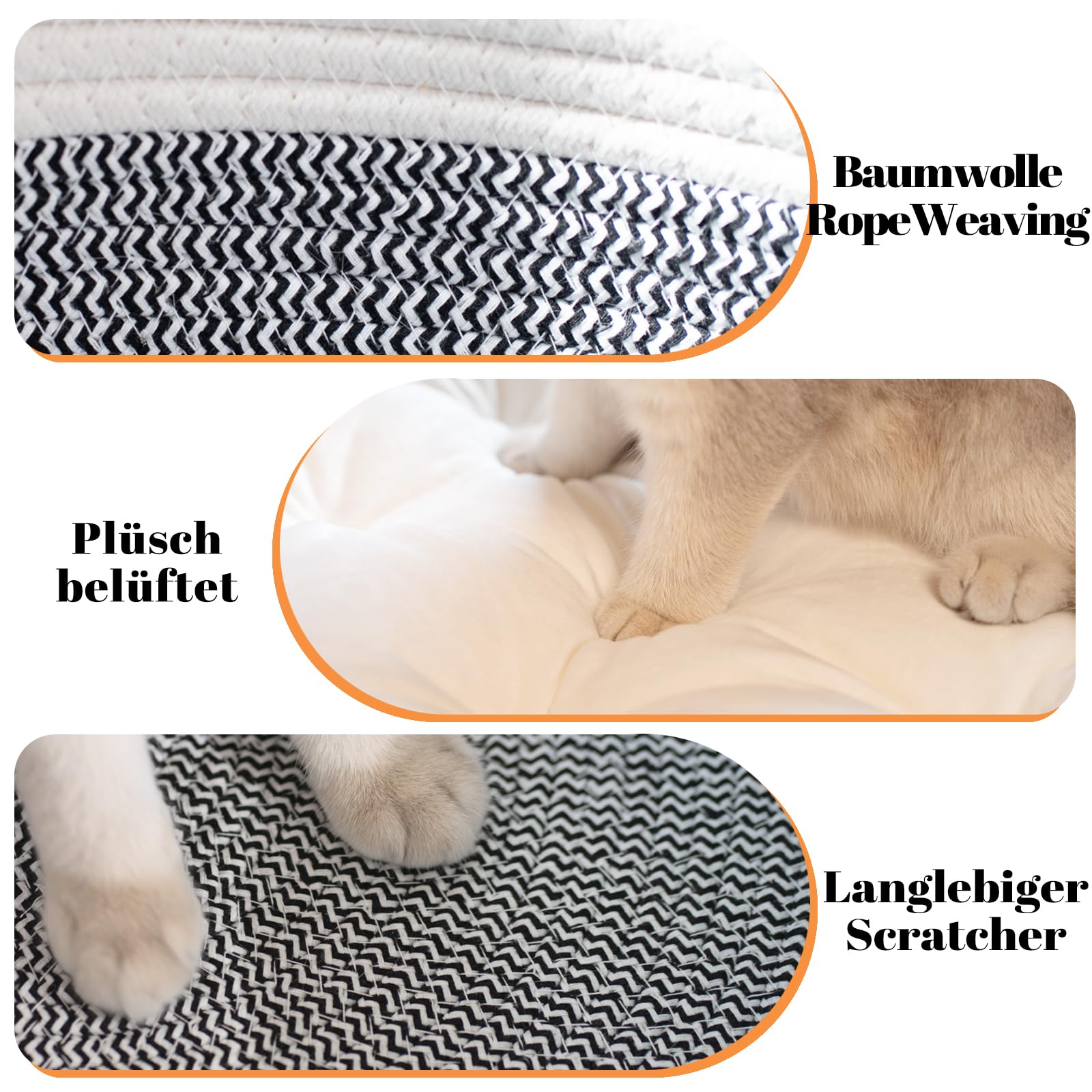 CheerPals Katzenbett mit Kissen, 47cm Waschbar Katzenkorb aus Baumwollseilen geflochten, zum Schlafen für Alle Katze, All Season Universal
