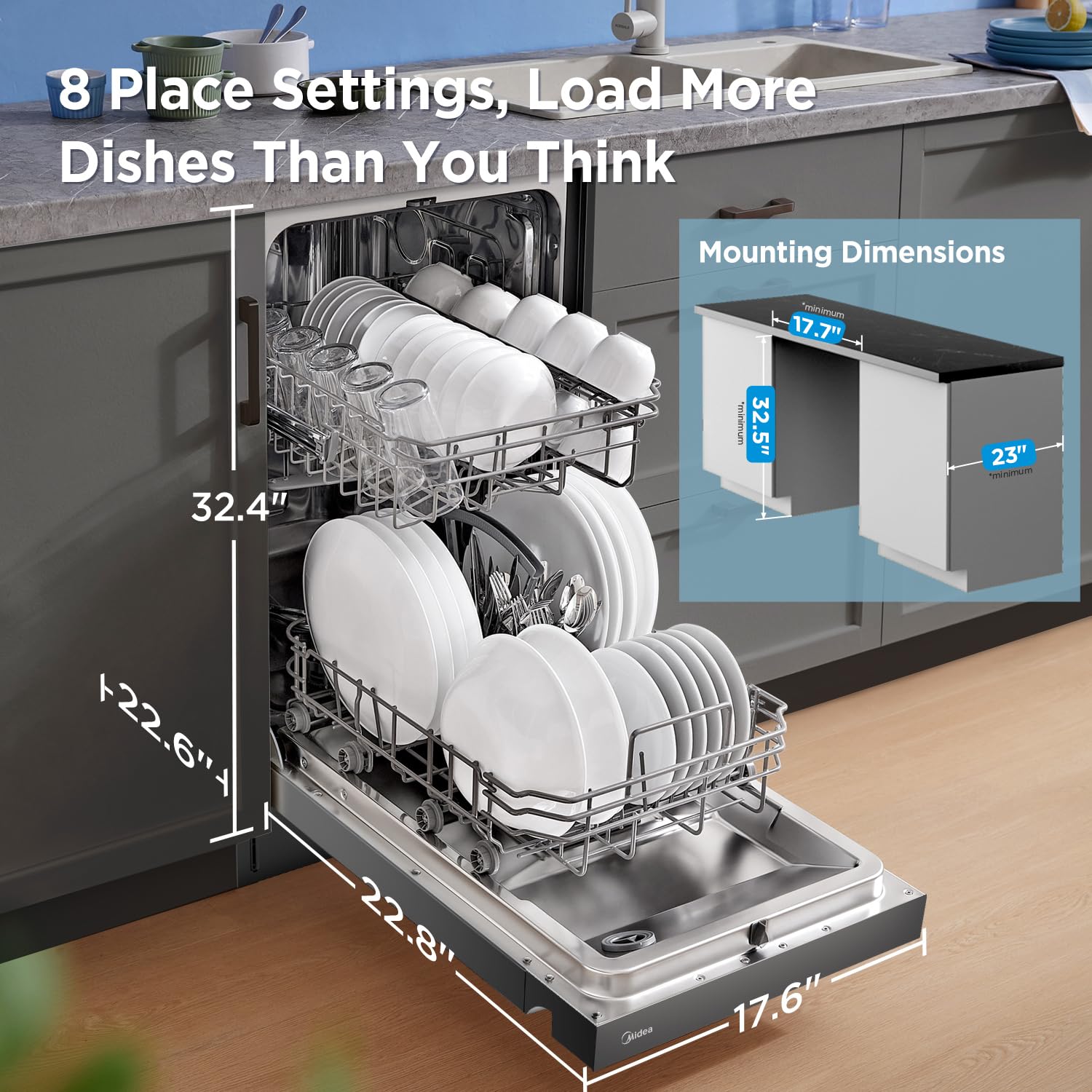 Midea 18 Inch Built-in Dishwasher, Slim Space-Saving Design with 8 Place Settings, 6 Washing Programs & Stainless Steel Tub, Energy Star Certified Dishwasher with Heated Dry & High Temp Wash, Silver