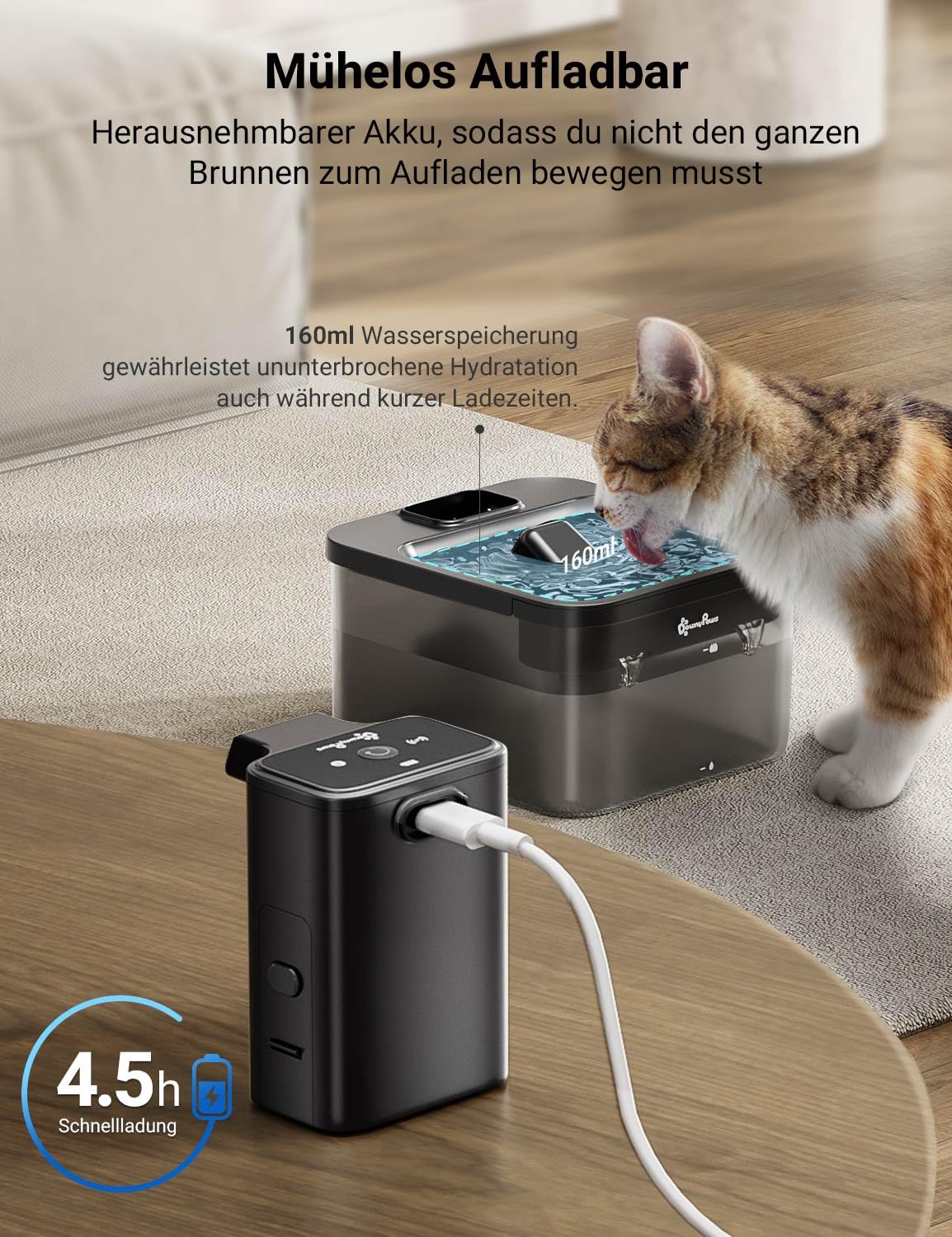 DownyPaws 2.5L Trinkbrunnen für Katze Kabellos, Katzenbrunnen Kabellos mit Bewegungsmelder, Batteriebetrieben Katzentrinkbrunnen, 4000mAh, Leise Wasserpumpe, Tablett aus Edelstahl für Katze, Schwarz