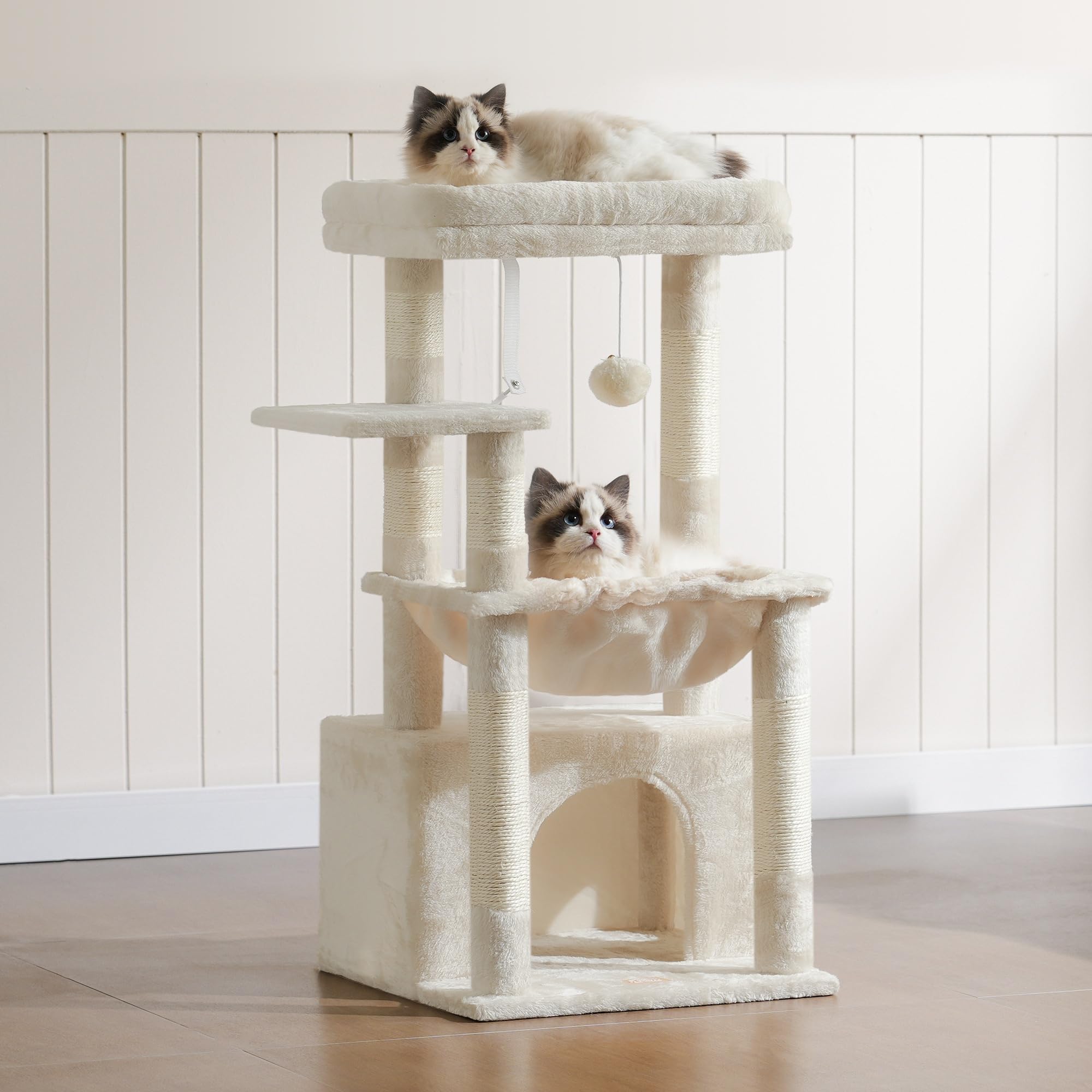 Heybly Kratzbaum, Katzenbaum mit Extra Großem, Weichem Katzenkorb, Katzenkratzbaum mit Geräumigem Katzenbett und Verstecktem Schlafplatz, Robusten Sisal-Kratzsäulen, Hellgrau HCT008SW