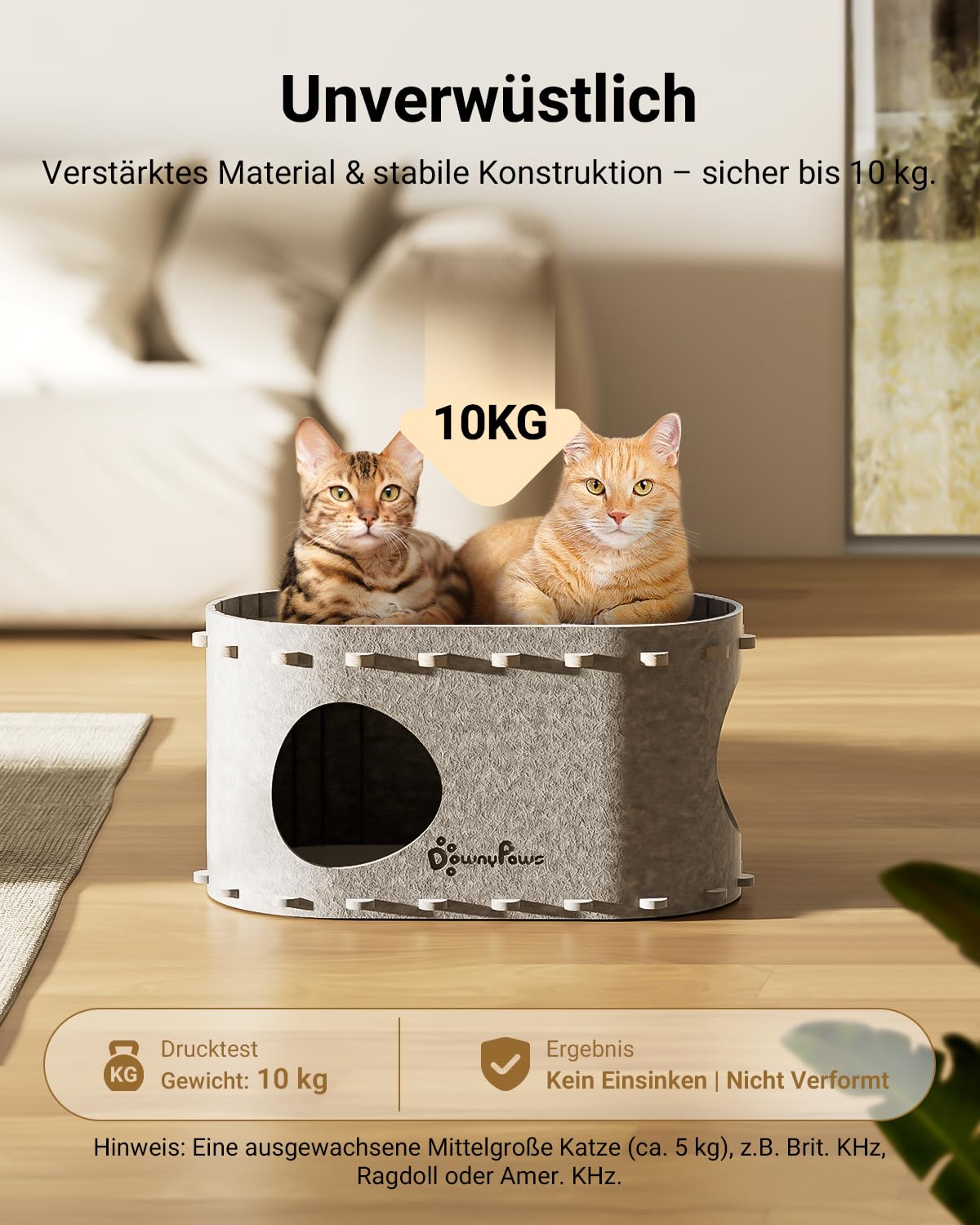 Katzenhöhle Filz, Katzenhaus aus Filz, Katzenbett, Katzenhöhle für Katzen, 58 x 33 x 30cm, Peek-a-Boo zum Spielen, Winterfest, Schutz der Katzennägel, Beige