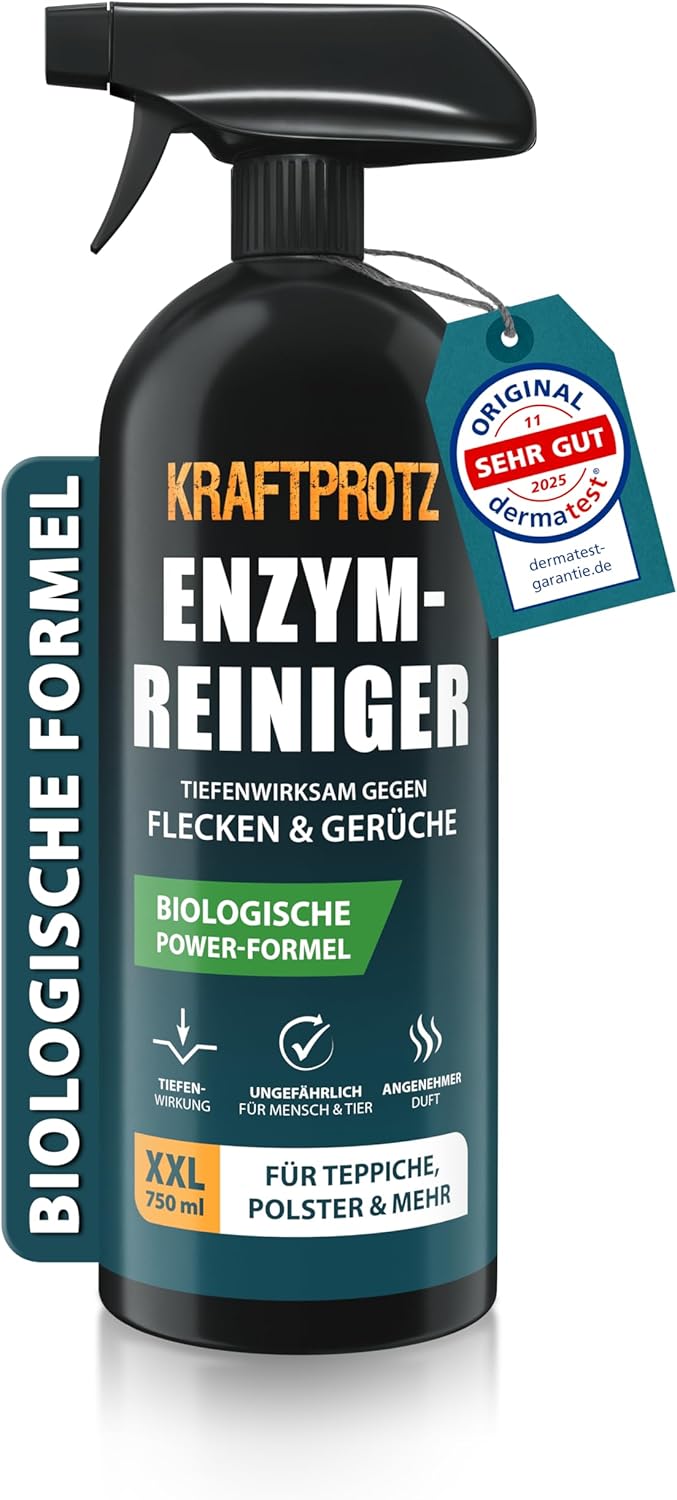 Enzymreiniger – Geruchsentferner & Fleckenentferner Spray 750 ml – porentief & biologisch – für Sofa, Teppich, Matratze, Auto & Haushalt – gegen Schmutz, Schweiß, Gerüche & Tierspuren – KRAFTPROTZ