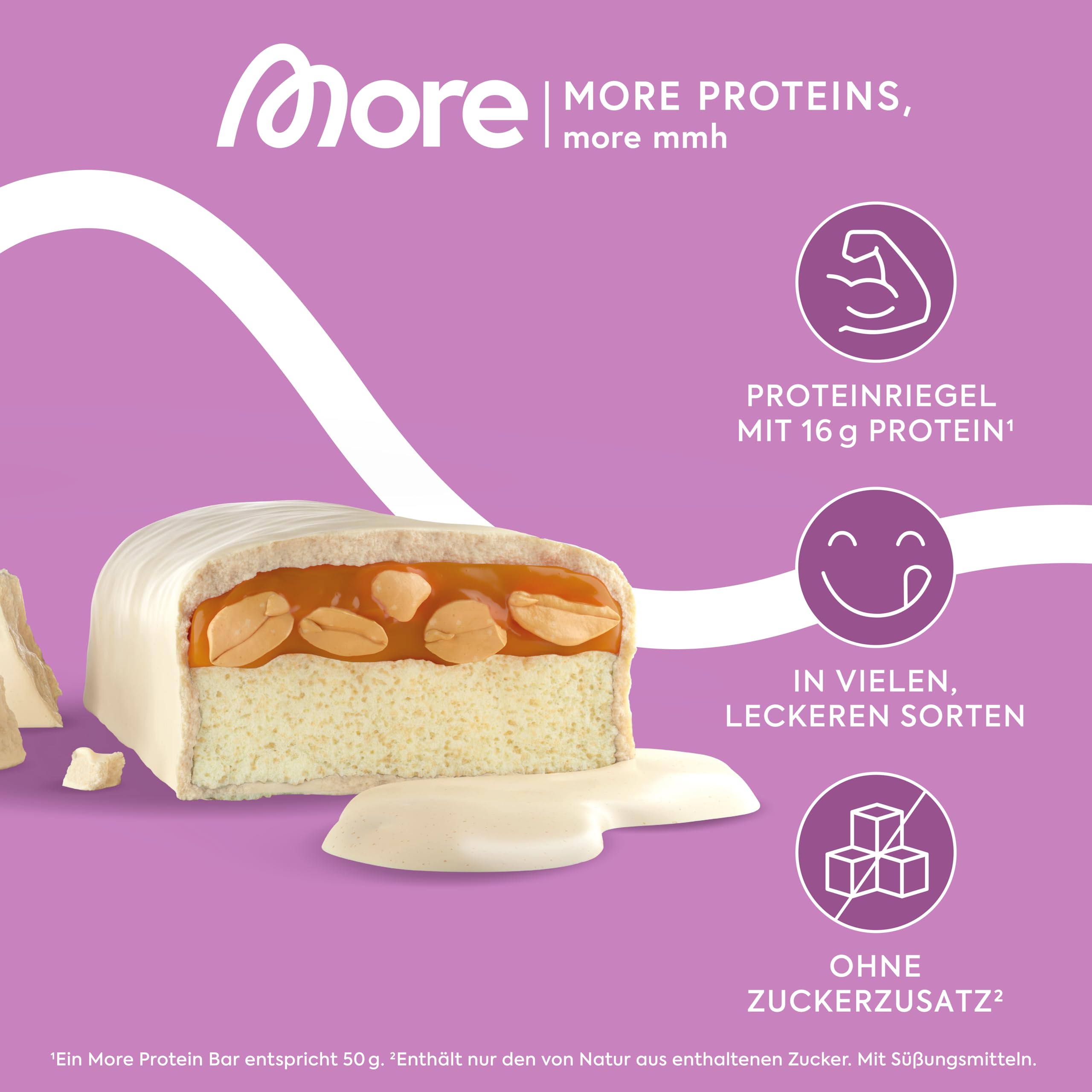 MORE Protein Bar, 10er Box, White Chocolate Peanut Caramel, Protein Riegel ohne Zuckerzusatz (Design kann variieren)
