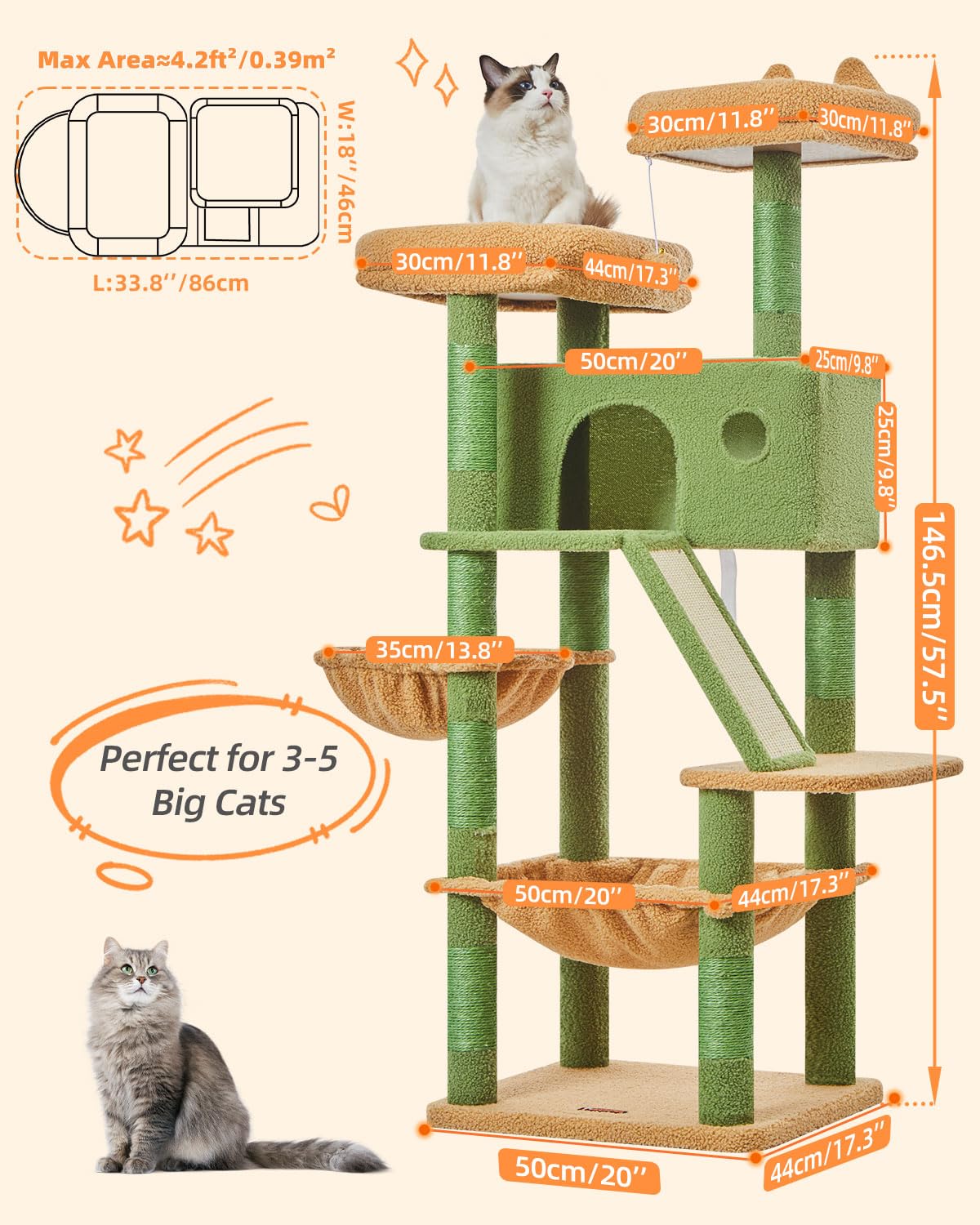 Taoqimiao 180CM Kratzbaum Groß, Katzenbaum Katzen Kratzbaum Grosse Katzen Stabil mit 2 Katzenhaus, Metallhängematte, Korb, 8 Kratzsäulen, Katzenkratztafel, MS026LM Beige