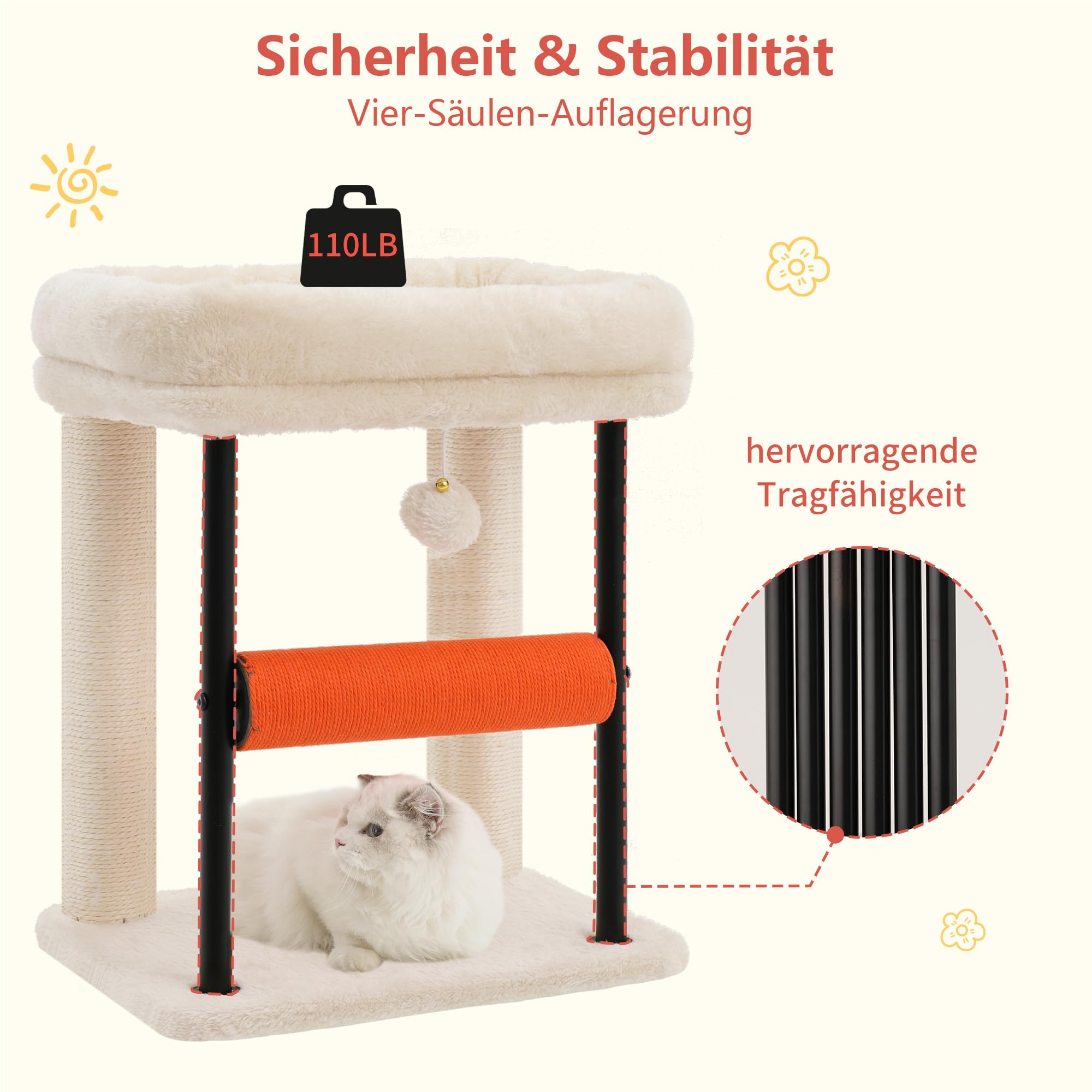 Hey-brother Kratzbaum, 50 cm klein Katzenbaum für Kätzchen, Kratzpfosten mit drehbarer Sisalsäule, geräumiger Plüschplattform, Vollständig sisalumwickelte Säule und Spielbällen, Hellgrau EMPJ010SW