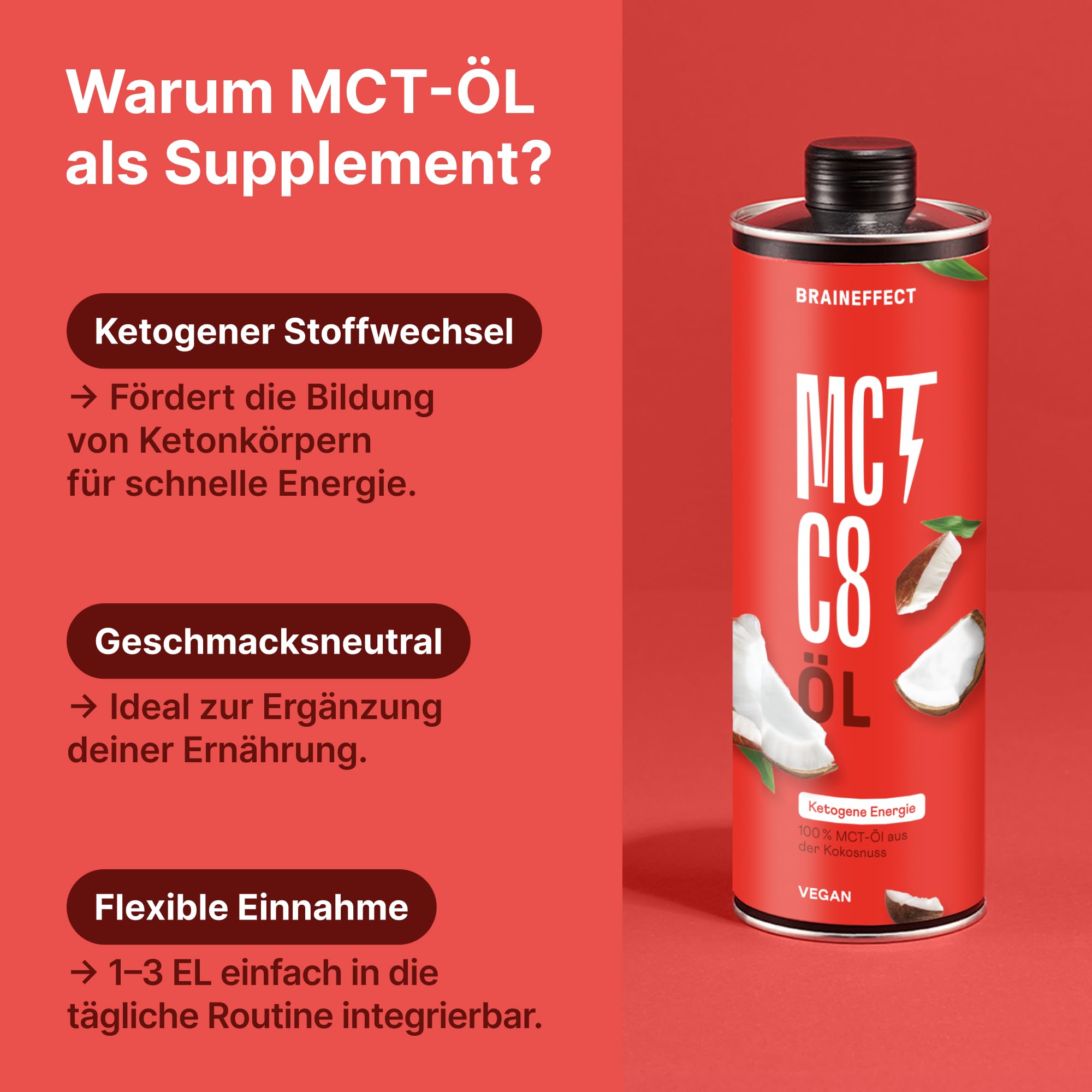 BRAINEFFECT MCT-Öl C8 – Reiner Extrakt aus Kokosöl, Bildet 3x mehr Ketone als andere MCT-Öle, Ideal für Low-Carb-, Paleo- und ketogene Ernährung & Bulletproof Coffee – 1 Liter