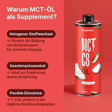 BRAINEFFECT MCT-Öl C8 – Reiner Extrakt aus Kokosöl, Bildet 3x mehr Ketone als andere MCT-Öle, Ideal für Low-Carb-, Paleo- und ketogene Ernährung & Bulletproof Coffee – 1 Liter