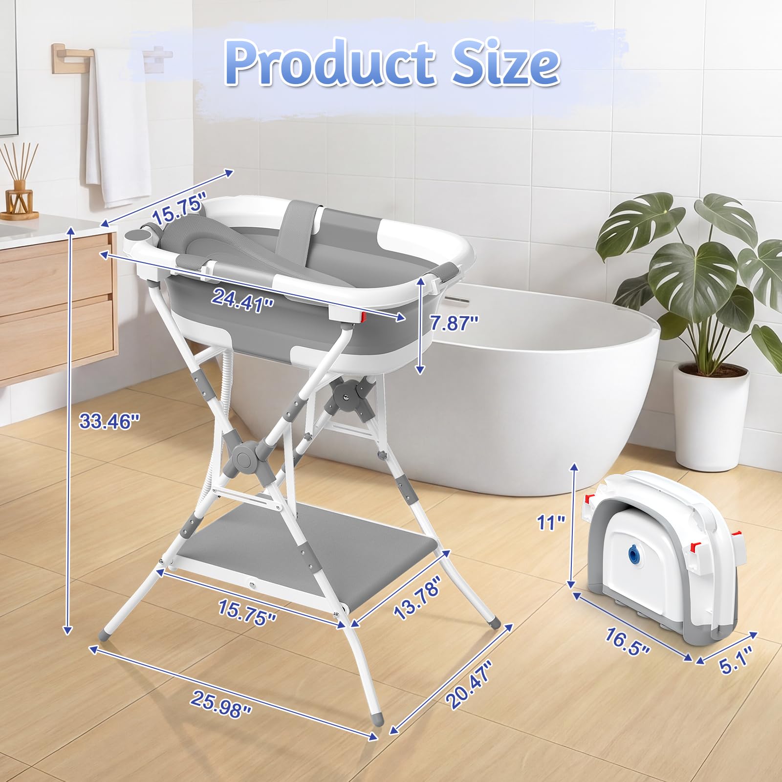 Baby Badewanne Faltbare, Baby Bathtub Babywanne Faltbar Babybadewanne Tragbare Wanne für Neugeborene Kleinkinder mit Rutschfester Matte und Abflussloch (Kein Thermometer) (Grau)