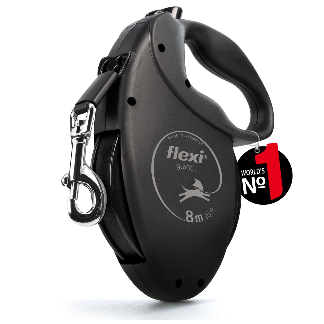 flexi® Giant S/M | 8m Gurt Roll-Leine für Hunde bis 25 kg | schwarz/neon-gelb | ausziehbare Hundeleine | Gewicht 438.4 gr | Maße 15.3 x 19.2 cm