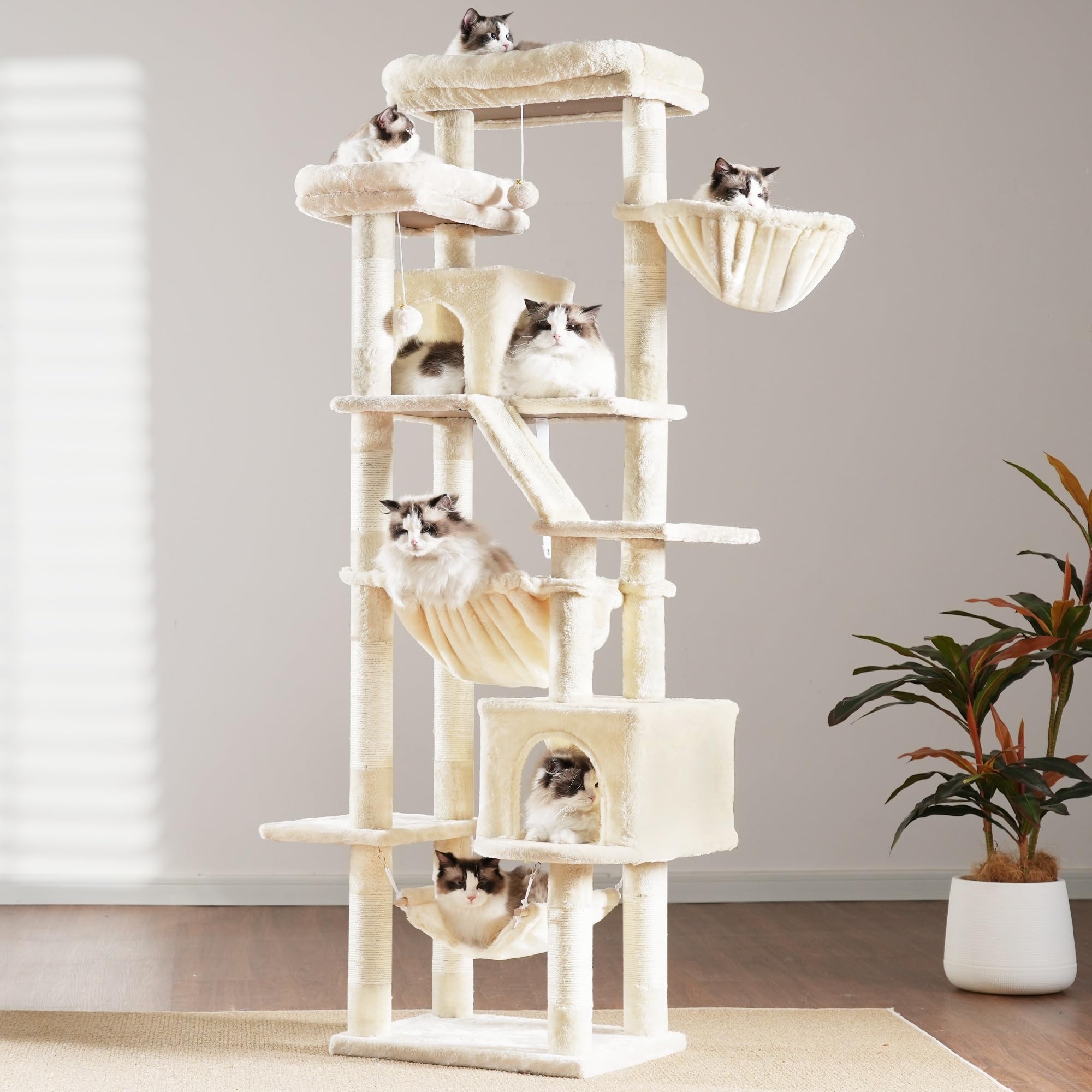 Heybly Kratzbaum, 180 cm Hoher Katzenturm für Wohnungskatzen mit 2 Plattformen, 2 Großen Schlafhäusern, 2 Hängematten, Korb und Kratzbrett, Großes Katzenmöbel mit Schlafplatz, Hellgrau HCT034W