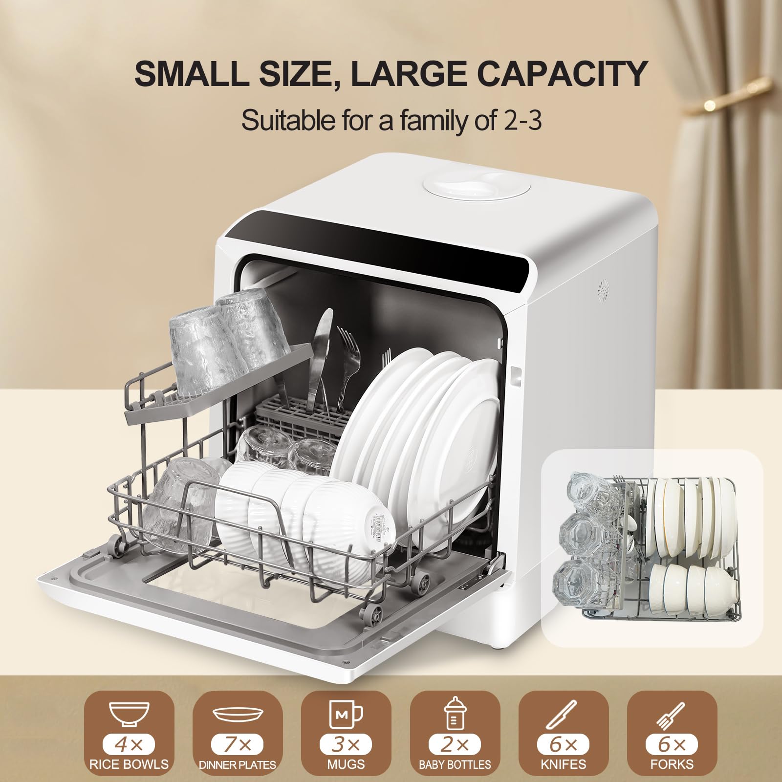Portable Dishwasher Countertop, Countertop Dishwasher With Water Tank, Counter Top Dishwasher With 5 wash Programs, It can also be connected to the tap. For apartments, dorms, RVs