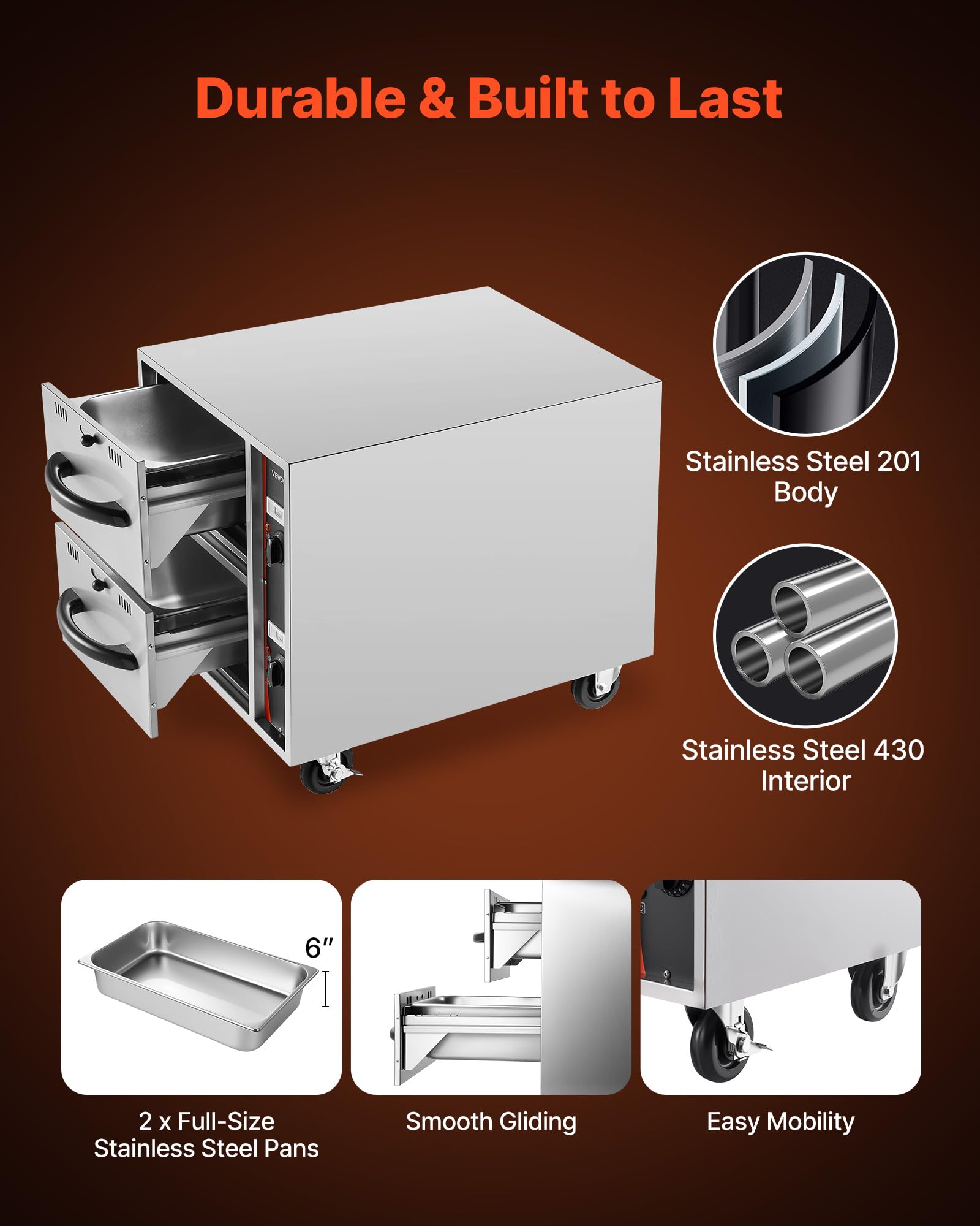 VEVOR Commercial Electric Drawer Warmer, Single-Drawer Stainless Steel Food Warmer, Freestanding Slim Warming Drawer Cabinet, 85°F–185°F Wide Temperature Range, for Restaurant, Hotel, Bakery & Kitchen