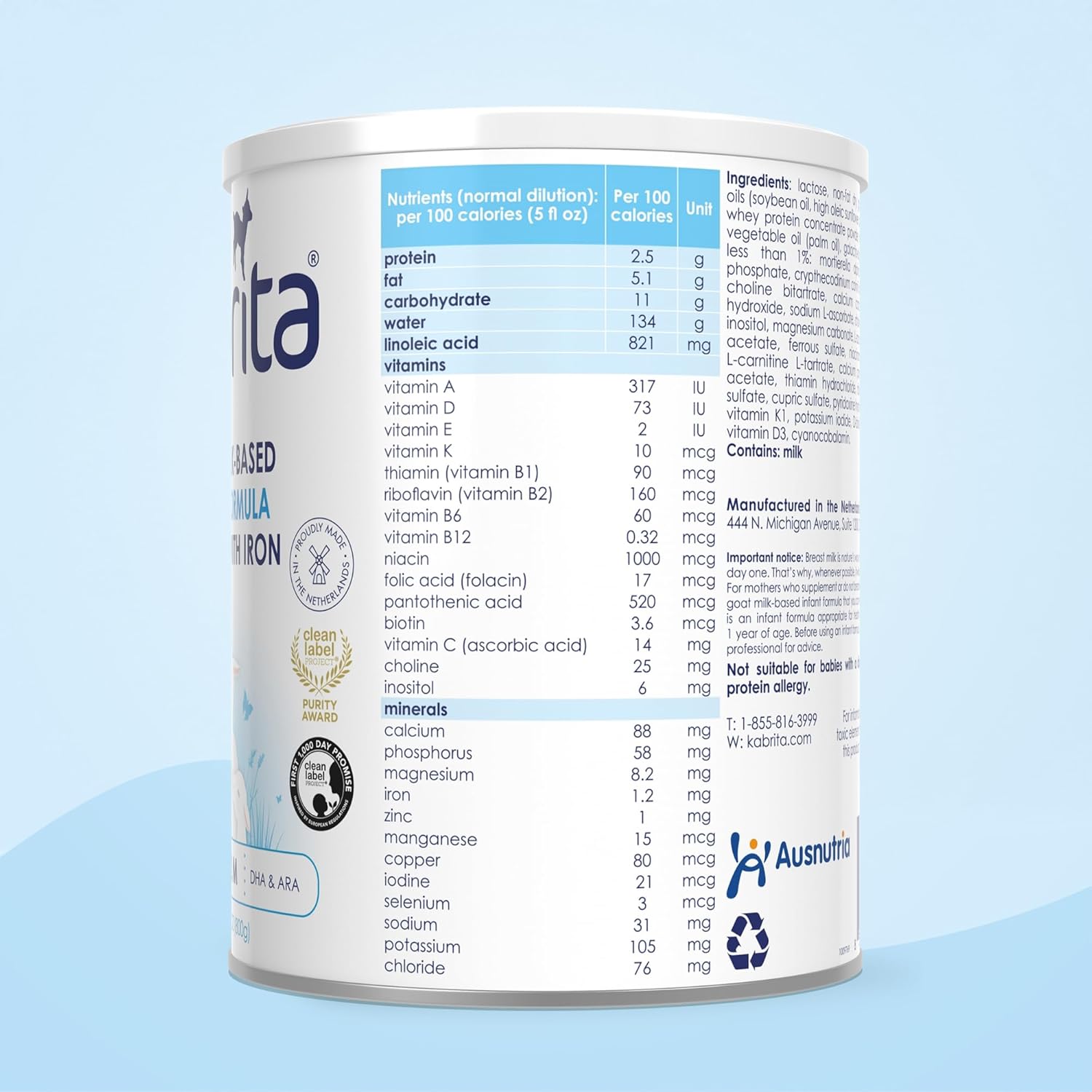 Kabrita Ziegenmilch-Säuglingsnahrung auf Pulverbasis mit Eisen, DHA, ARA und Präbiotika, für Säuglinge von 0–12 Monaten, gentechnikfrei, 794 g