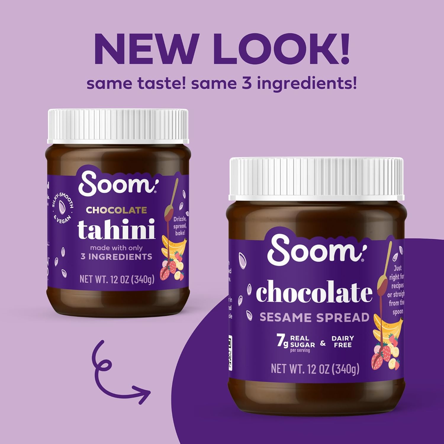 Soom Foods Chocolate Sesame Spread - 12oz (2 Pack) | Made with 3 Ingredients, Low Sugar, Dairy-Free, No Nuts, No Gluten, Palm Oil-Free | 5g Protein | Better for You Chocolate Tahini Spread