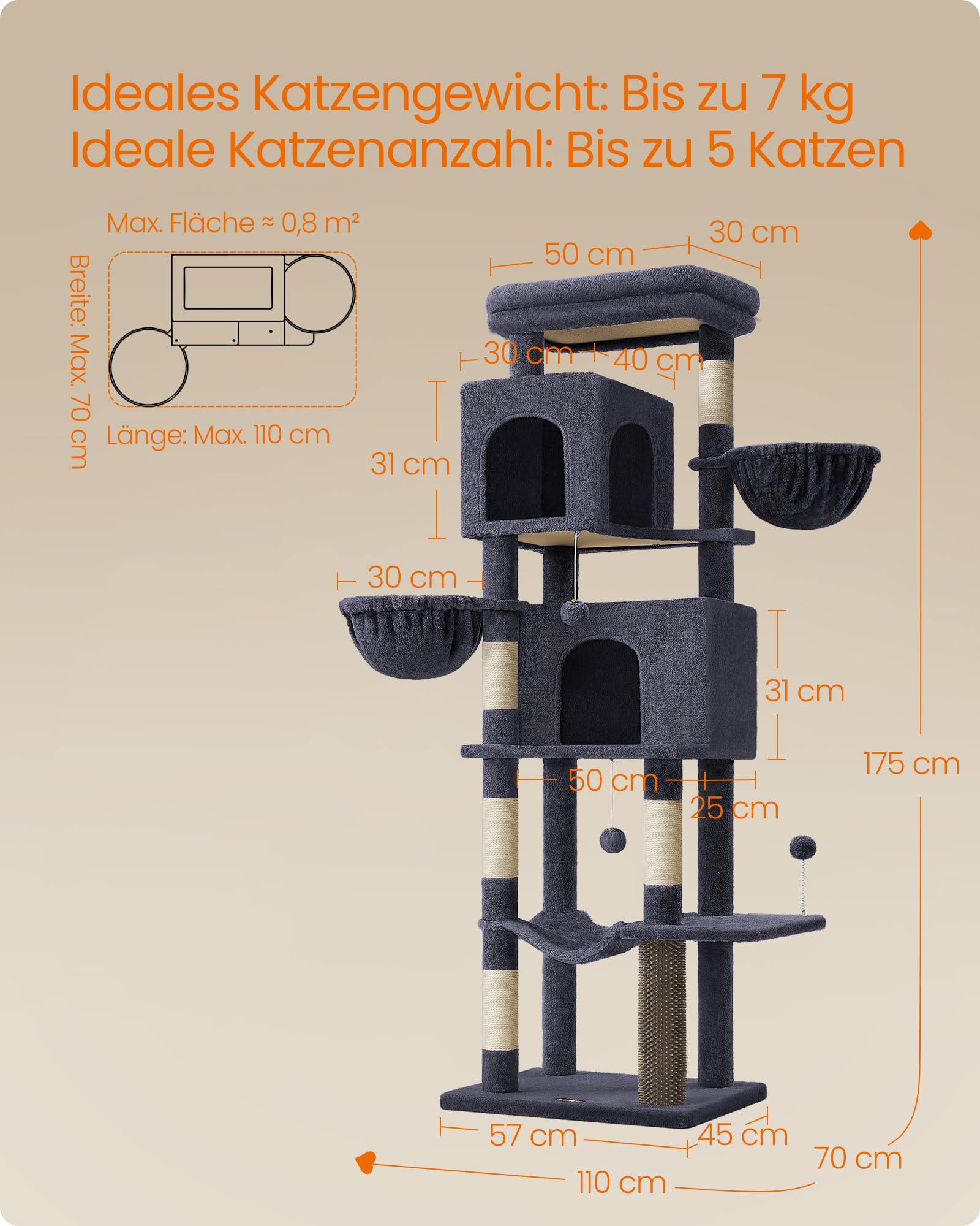 Feandrea Kratzbaum, 175 cm hoch, XL, mehrstöckiger Katzenbaum mit 2 Höhlen, 2 Liegemulden, 5 Kratzsäulen, Katzenbürste, große Plattform, Taubengrau PCT182G01