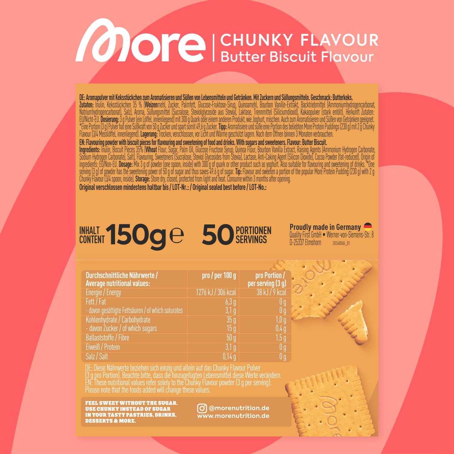 MORE Chunky Flavour, Vanilla Perfection, 150 g, vegan, Geschmackspulver zum Süßen, ohne viel Zucker und Kalorien, mit Inulin und Laktase - made in Germany