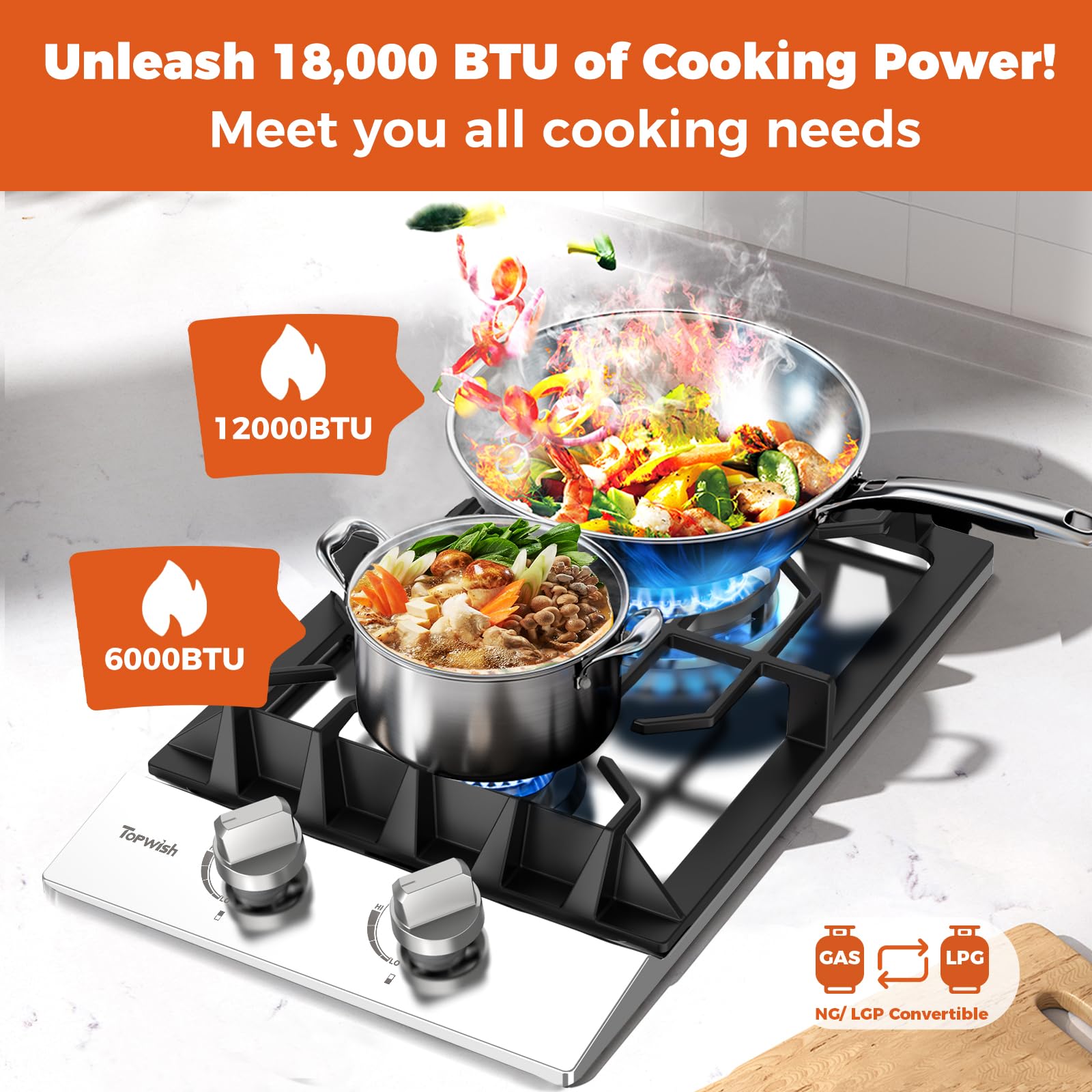 TOPWISH 24 Inch Gas Cooktop, Propane Stove Top with 4 Burners 27,400 BTU, NG/LPG Convertible Built-in Stainless Steel Stovetop with Thermocouple Protection for Kitchen, Apartments, RV