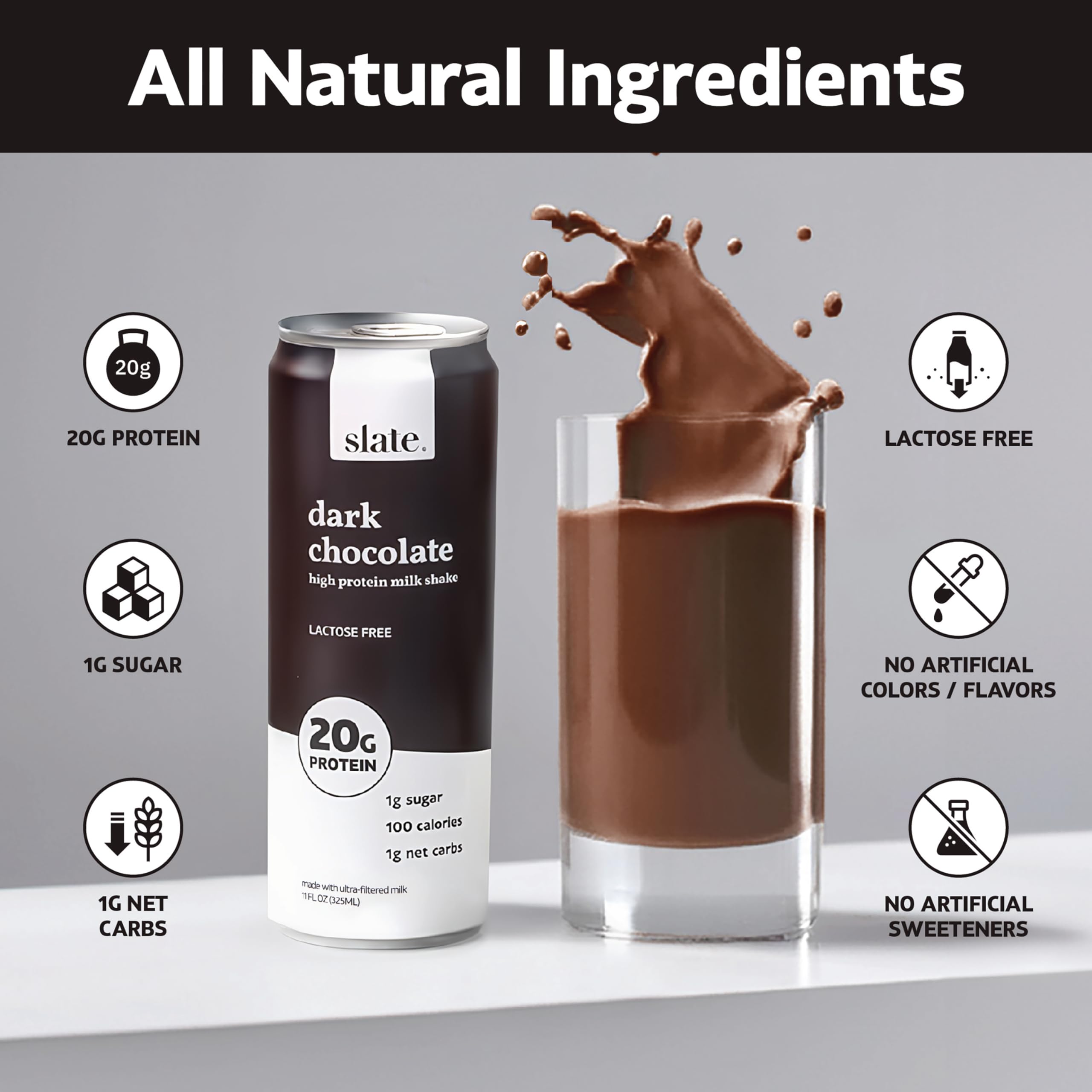 Slate Milk - High Protein Milkshake - French Vanilla - Lactose-Free, 20g Protein, 1g Sugar, 100 Calories, 1g Net Carbs, No Added Sugar - Natural, Breakfast Boost, Post Workout - 11 fl oz, 12 Cans